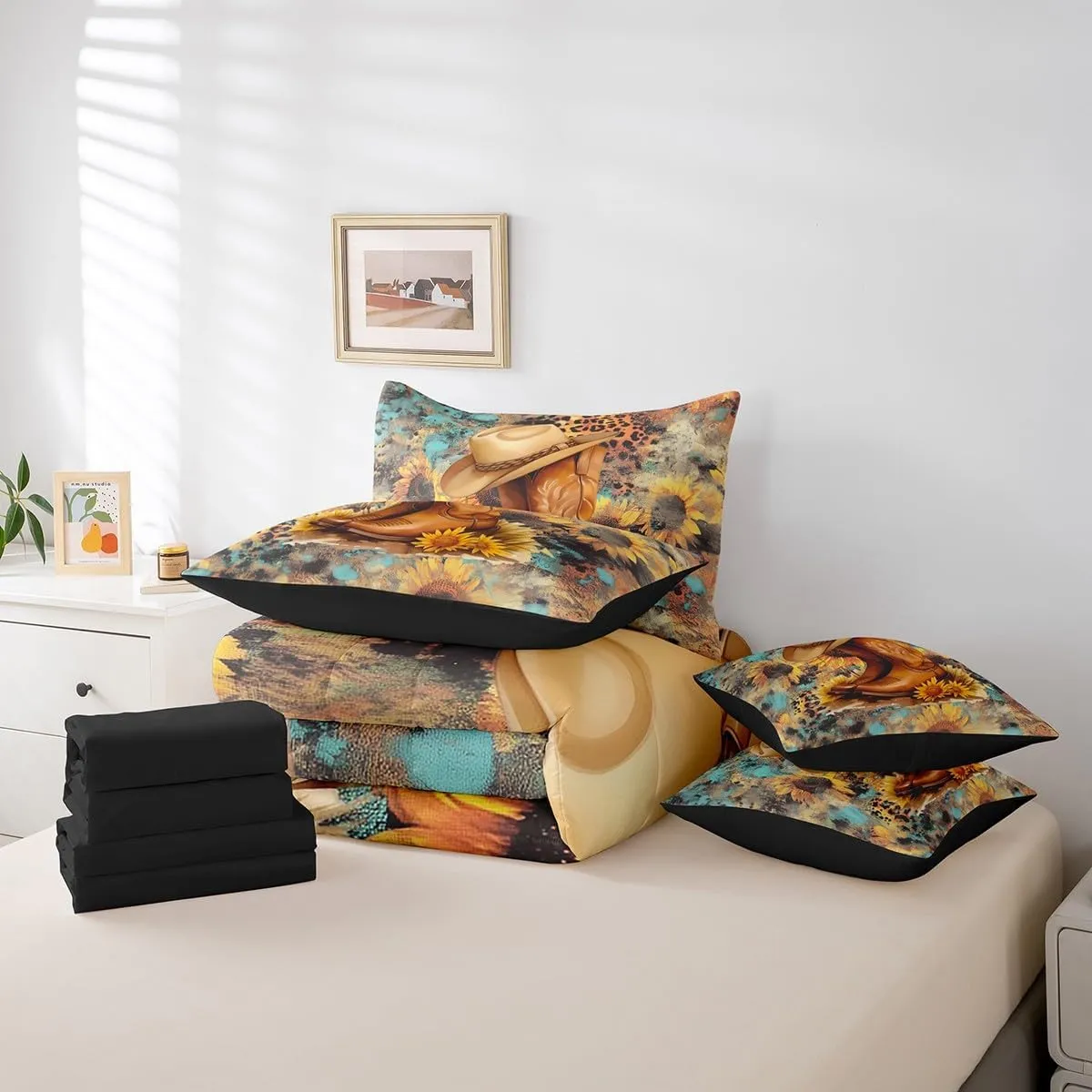 jejeloiu Western Decor Comforter Set with Sheets King Size Cowboy Hat Boots Bed in a Bag Set Southwest Native American Design 7 Pieces Bedding Set Boho Bed Set Teal Yellow
