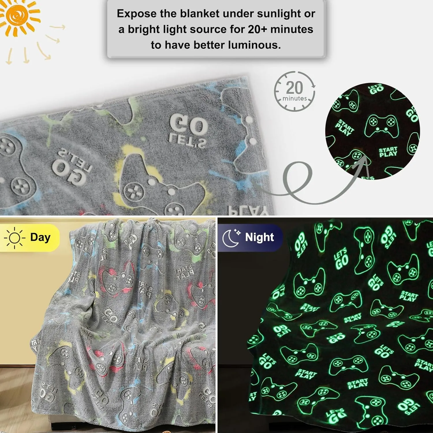 Jekeno Glow in The Dark Gaming Blanket Gamer Game Controller Throw Gift Toys for Kids Boys Teen Son Adults Gamepad Presents Easter Birthday Christmas Bedroom Decor Luminous Blanket Grey 50"x60"
