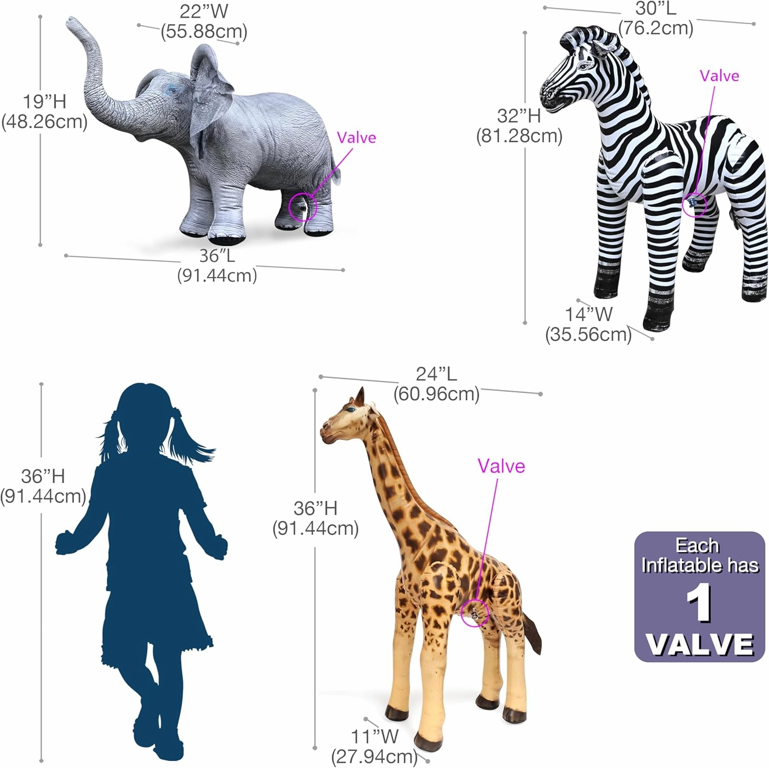Jet Creations Life on Earth Wildlife Safari Inflatable, 3-PK, Giraffe, Zebra, Elephant, Realistic Animal Bundle for Party Decoration, Pool, Birthday, Africa Jungle Photo Prop. Easy to Inflate, 1pc