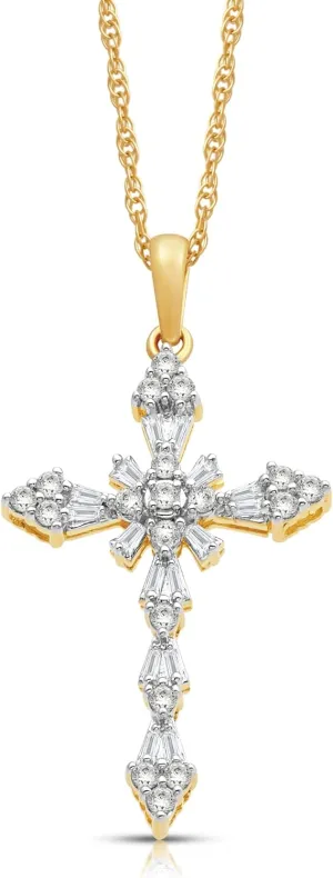 Jewelili Cross Pendant Necklace in 10K White and Yellow Gold with 1/2 Cttw Natural White round and baguette Diamonds 18" Rope Chain