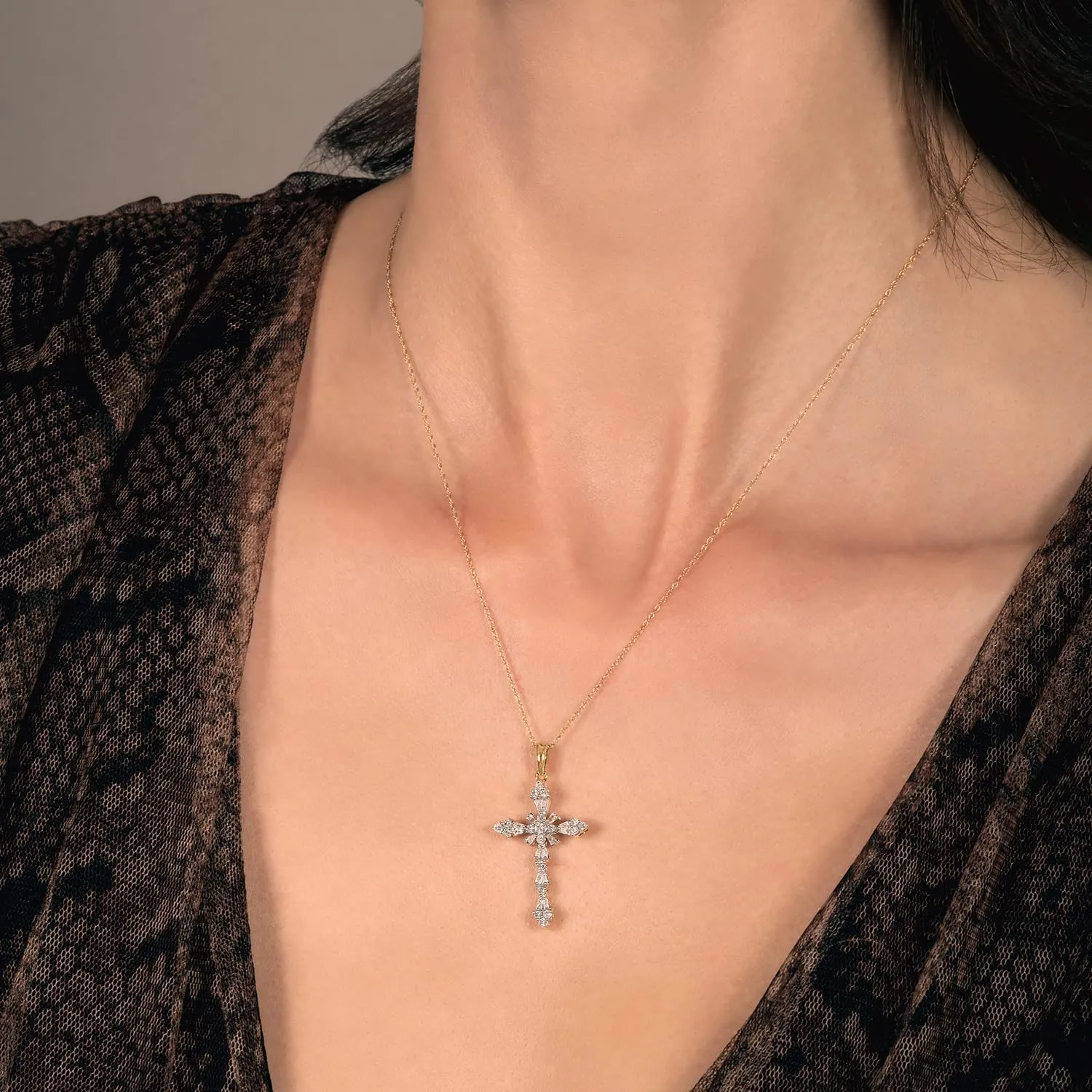 Jewelili Cross Pendant Necklace in 10K White and Yellow Gold with 1/2 Cttw Natural White round and baguette Diamonds 18" Rope Chain