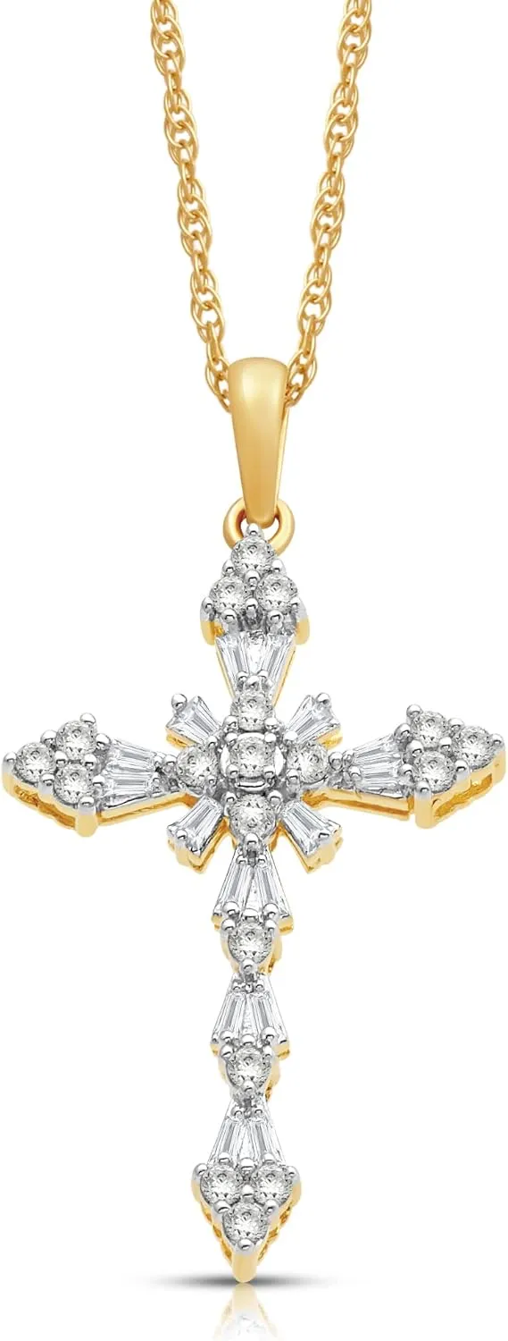 Jewelili Cross Pendant Necklace in 10K White and Yellow Gold with 1/2 Cttw Natural White round and baguette Diamonds 18" Rope Chain