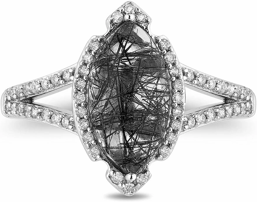 Jewelili Enchanted Disney Fine Jewelry Sterling Silver 14x7 MM Rutile Quartz Marquise and 1/3 Cttw Natural White Diamond Maleficent Ring