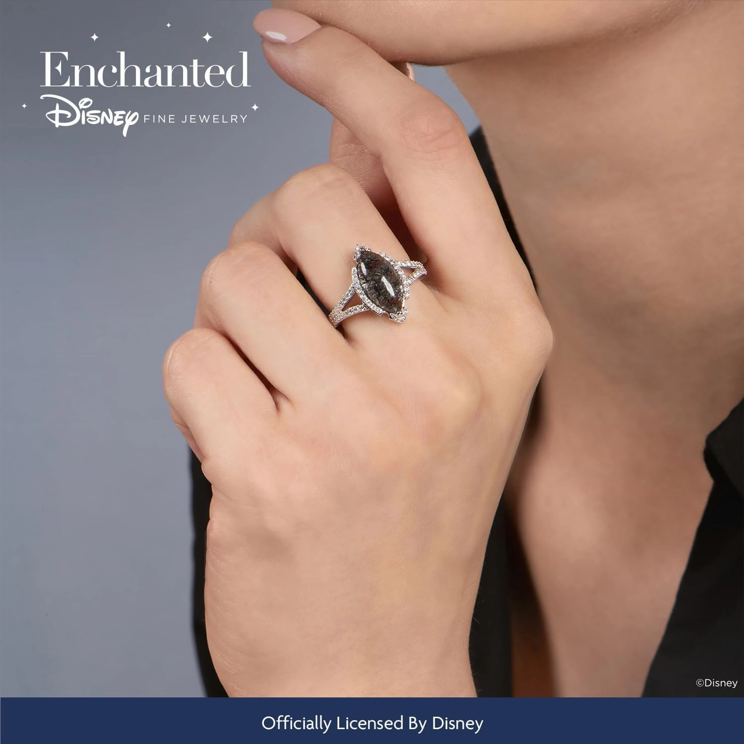 Jewelili Enchanted Disney Fine Jewelry Sterling Silver 14x7 MM Rutile Quartz Marquise and 1/3 Cttw Natural White Diamond Maleficent Ring