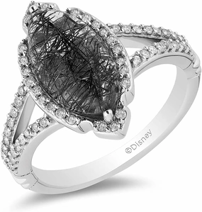 Jewelili Enchanted Disney Fine Jewelry Sterling Silver 14x7 MM Rutile Quartz Marquise and 1/3 Cttw Natural White Diamond Maleficent Ring
