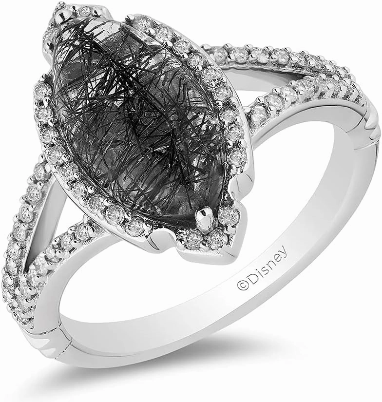Jewelili Enchanted Disney Fine Jewelry Sterling Silver 14x7 MM Rutile Quartz Marquise and 1/3 Cttw Natural White Diamond Maleficent Ring