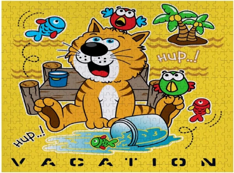 Jigsaw Puzzle 1000 Pieces Cats Catch Fish Animal Cartoon Yellow Puzzles for Adults Creative Gift Puzzles Funny Family Games Multiple Size