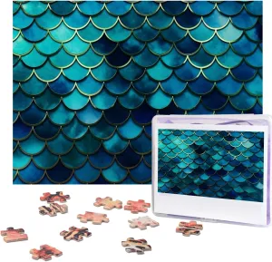 Jigsaw Puzzle for Adults 500 Piece Funny Challenging Puzzles Blue Fish Scale Pattern Picture Jigsaw Wooden Puzzle Artwork Family Game Puzzle for Birthday 20.4" x 15"