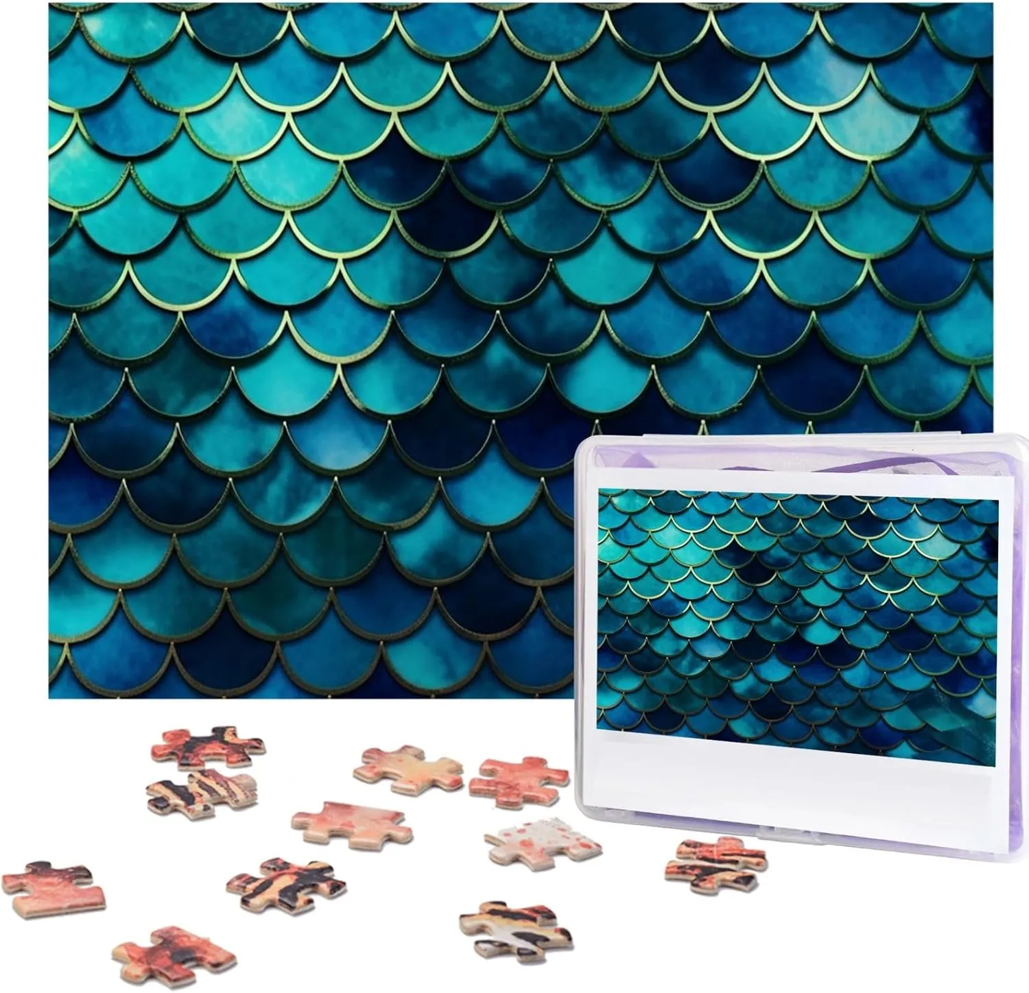 Jigsaw Puzzle for Adults 500 Piece Funny Challenging Puzzles Blue Fish Scale Pattern Picture Jigsaw Wooden Puzzle Artwork Family Game Puzzle for Birthday 20.4" x 15"