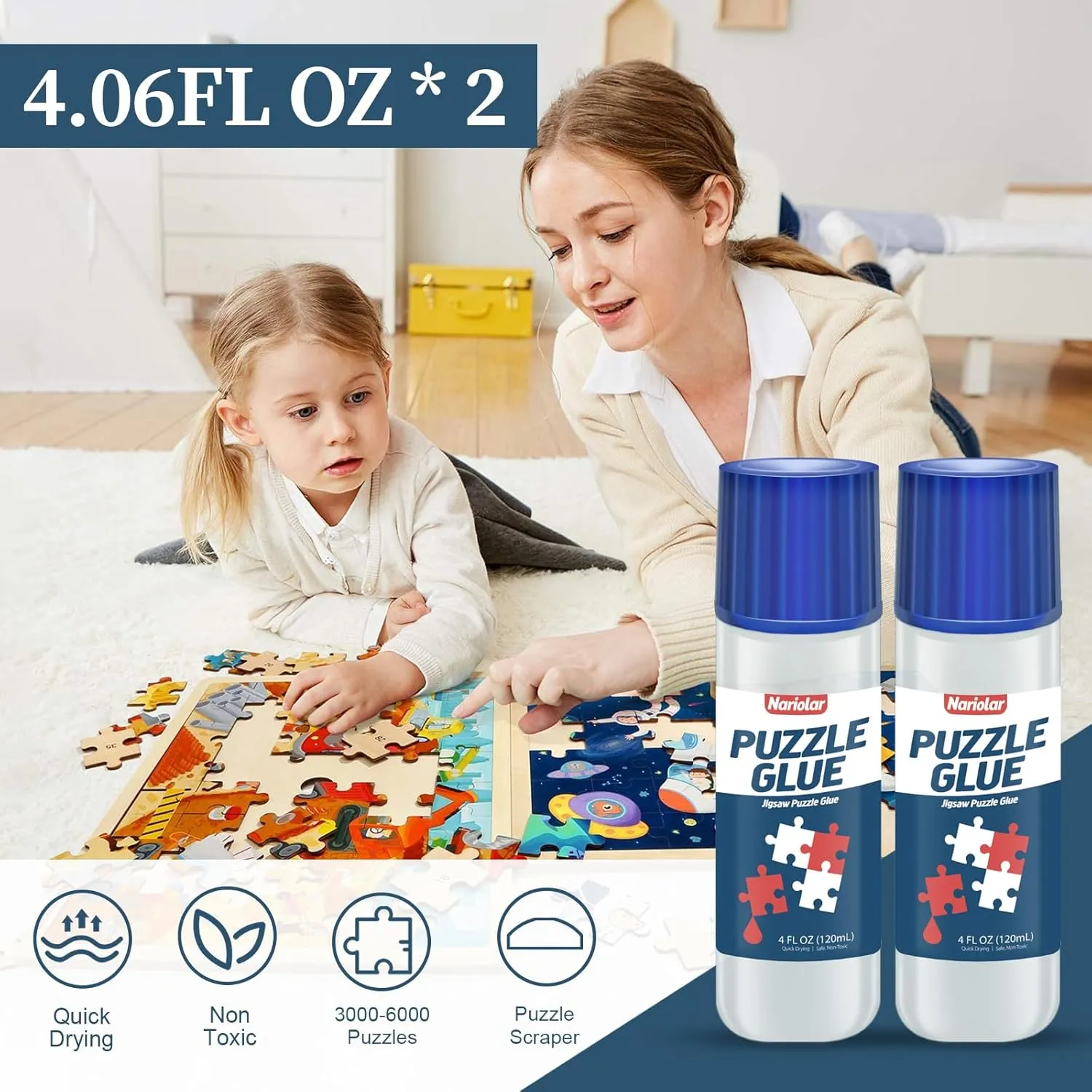 Jigsaw Puzzle Glue Clear with Applicator Suitable for Fixing and Hanging Puzzles, Quick Drying, 4-Ounces, 2Pack