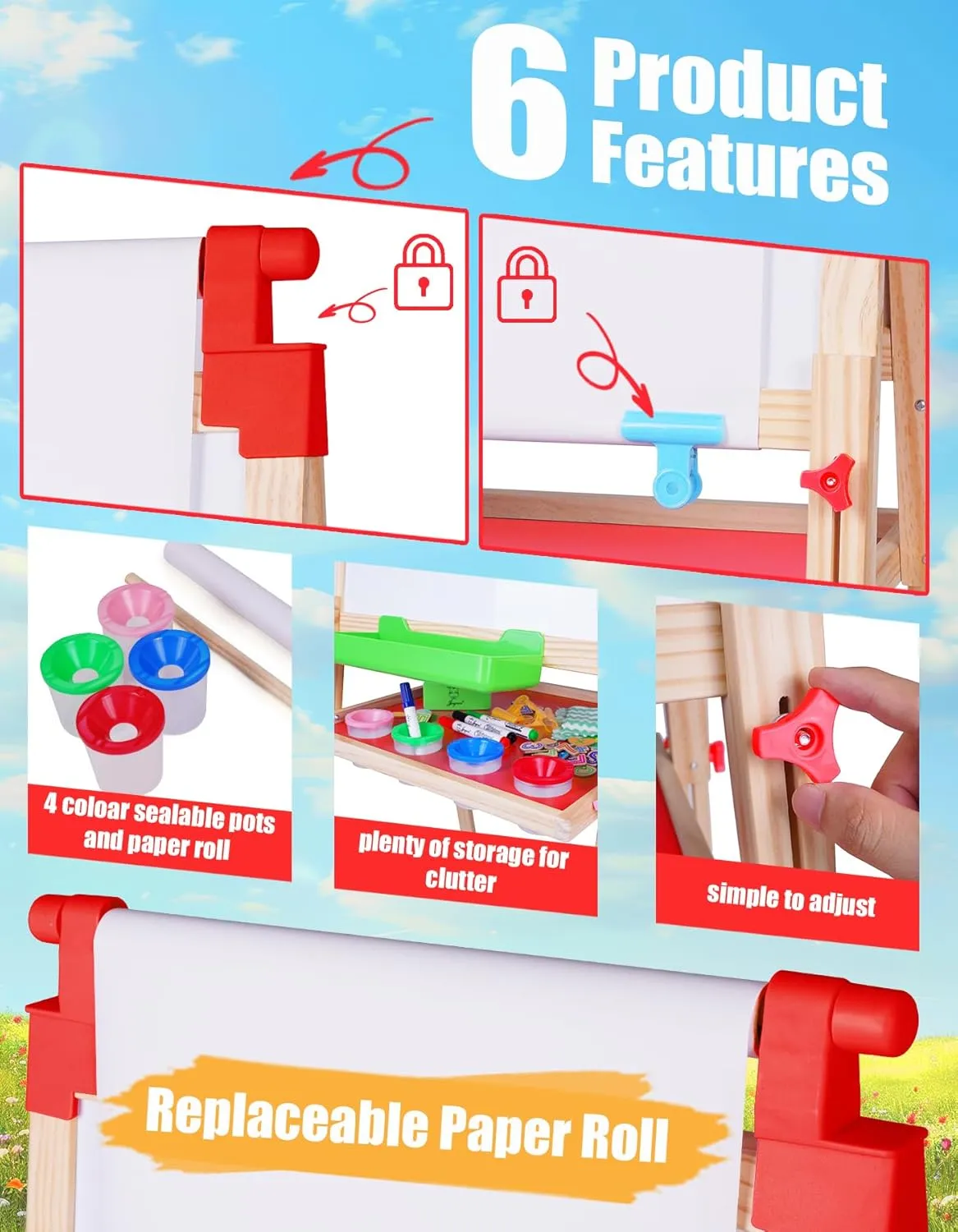 JOYOOSS Kids Wooden Easel with Paper Roll - Adjustable Magnetic Double Sided Drawing Board Whiteboard & Chalkboard Dry Easel Board, Children Art Easel for 3~12 Years Kids Boys Girls Painting Drawing