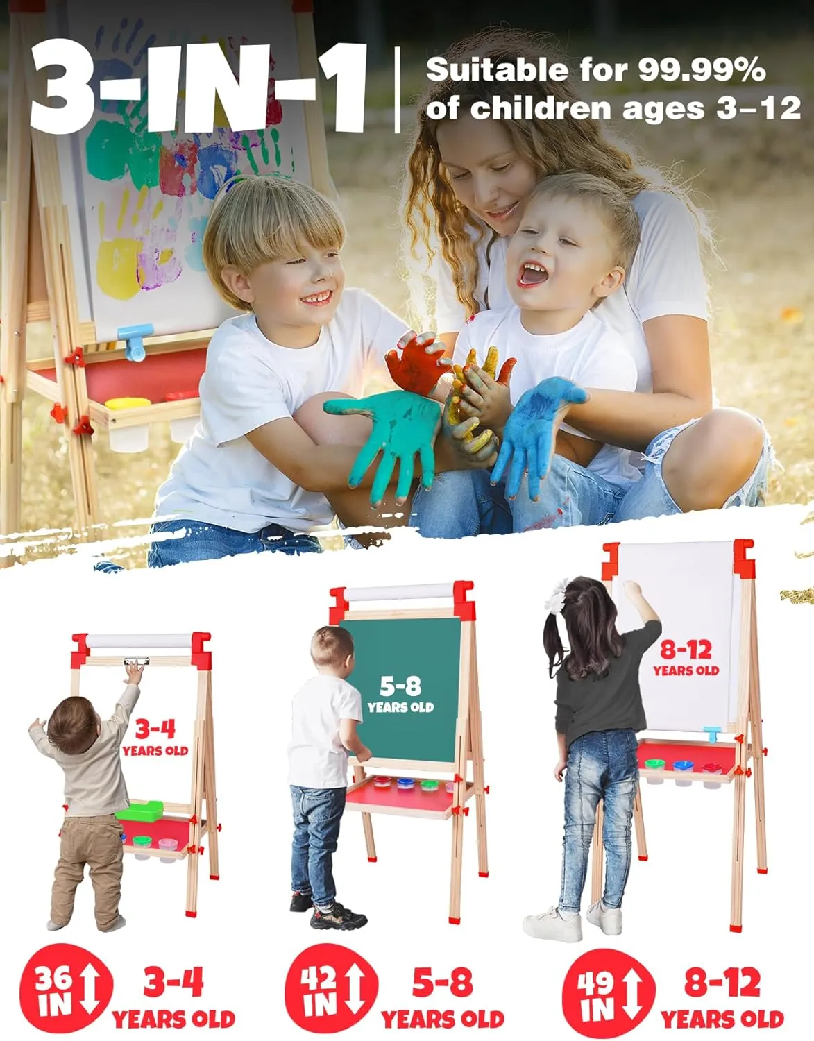 JOYOOSS Kids Wooden Easel with Paper Roll - Adjustable Magnetic Double Sided Drawing Board Whiteboard & Chalkboard Dry Easel Board, Children Art Easel for 3~12 Years Kids Boys Girls Painting Drawing