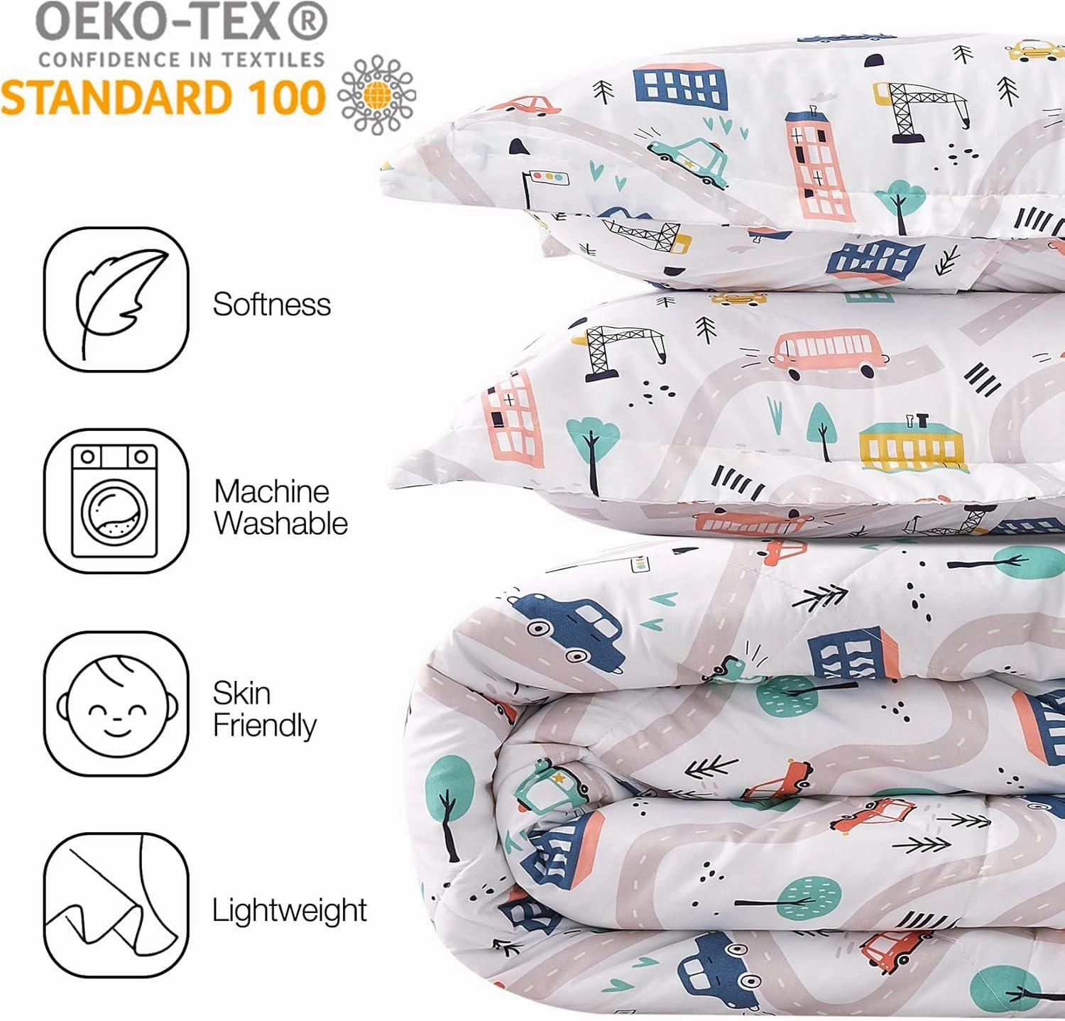 JSD Car Kids Comforter Set Twin Size, 2 Piece Printed Microfiber Comforter with Pillow Sham, Lightweight All Season Washable