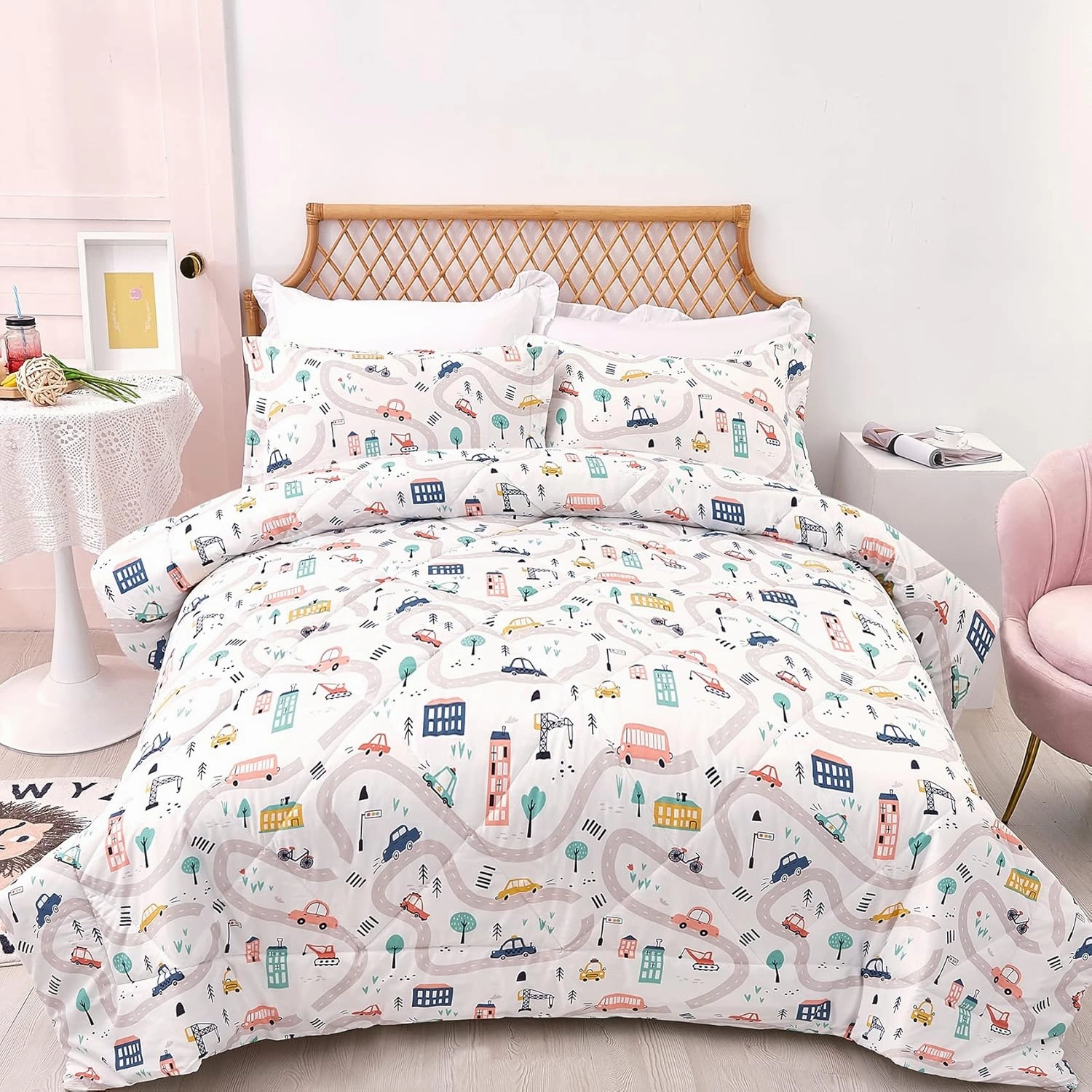 JSD Car Kids Comforter Set Twin Size, 2 Piece Printed Microfiber Comforter with Pillow Sham, Lightweight All Season Washable