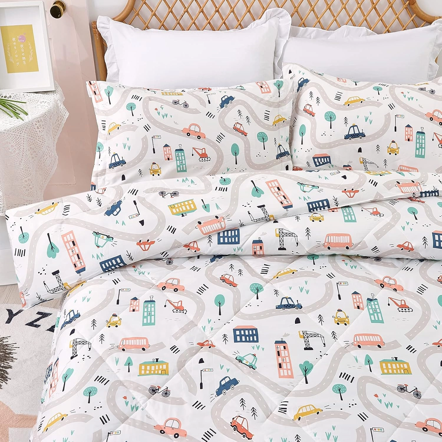 JSD Car Kids Comforter Set Twin Size, 2 Piece Printed Microfiber Comforter with Pillow Sham, Lightweight All Season Washable