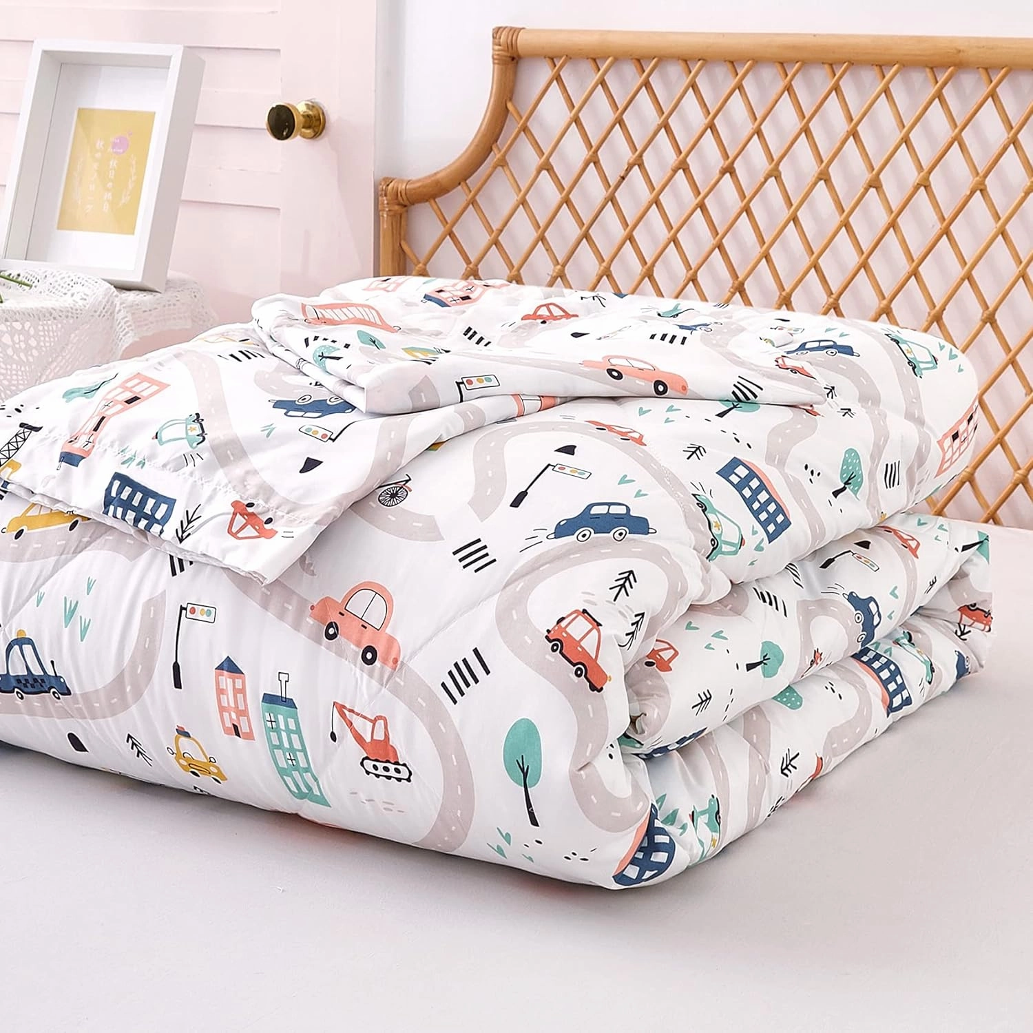 JSD Car Kids Comforter Set Twin Size, 2 Piece Printed Microfiber Comforter with Pillow Sham, Lightweight All Season Washable