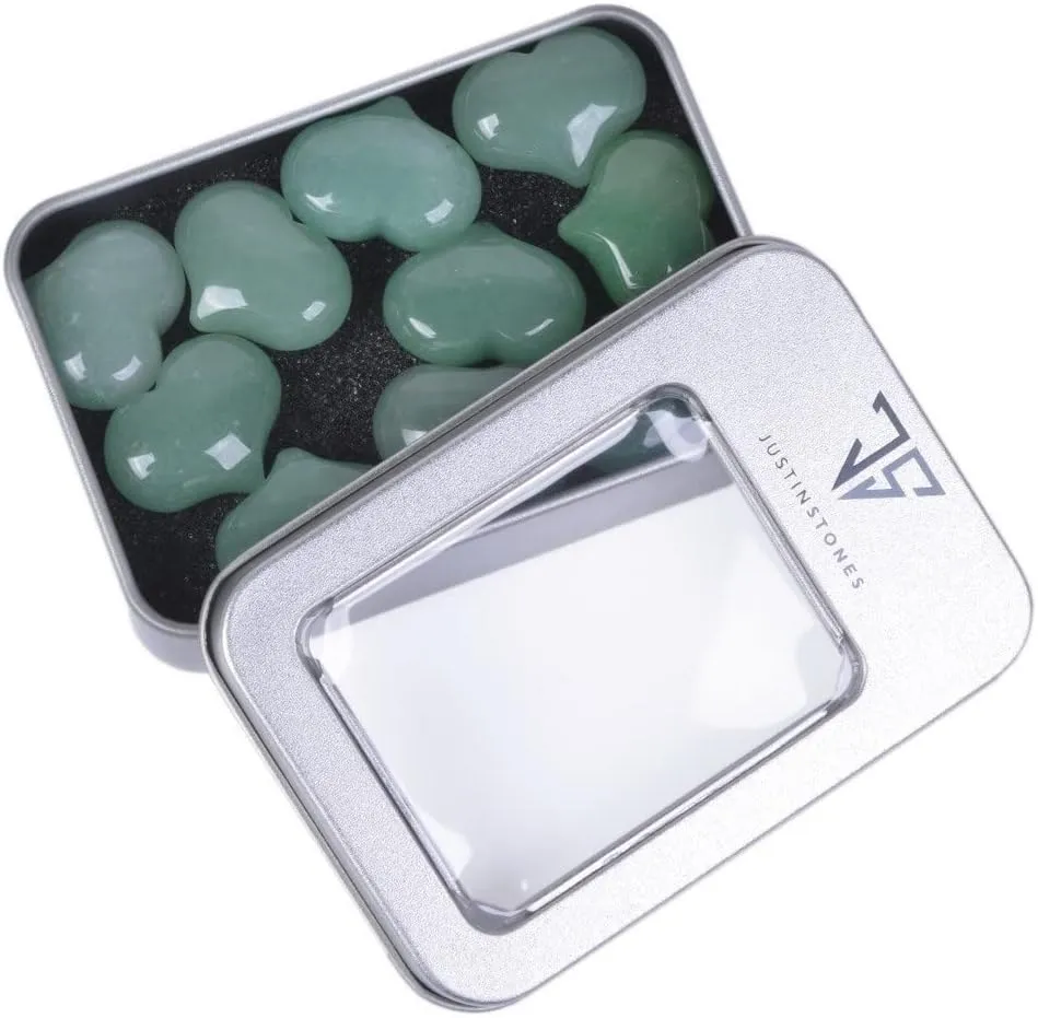 Justinstones Natural Aventurine Gemstone Healing Crystal 1 inch Mini Puffy Heart Pocket Stone Iron Gift Box (Pack of 10)