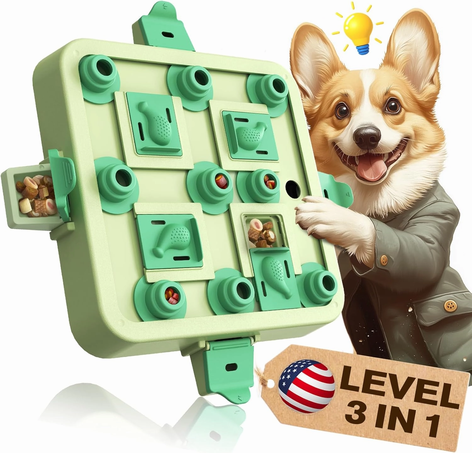 KADTC Level 3-in-1 Chess Puzzle Toy – Durable Interactive Treat Dispenser Brain Mental Game for Small/Medium/Large Dogs Green
