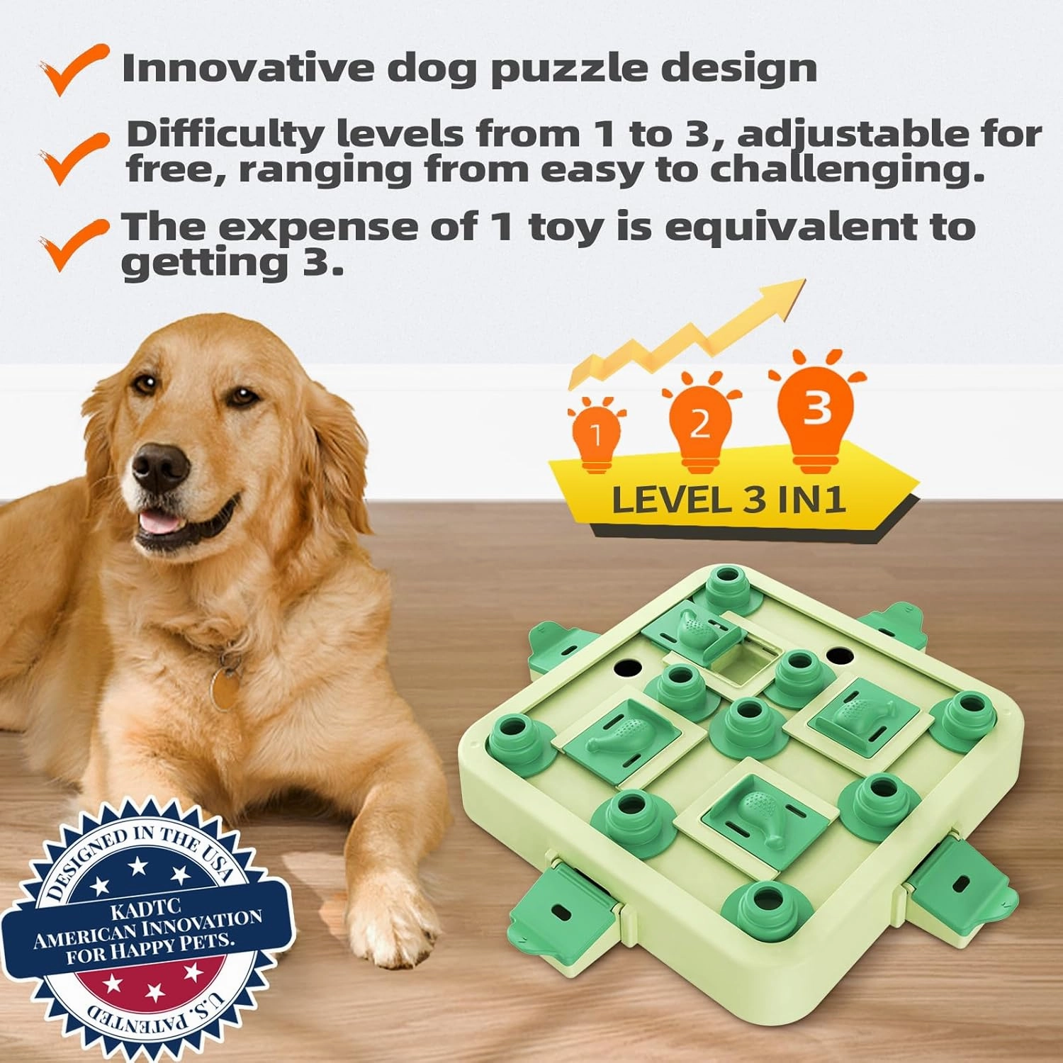 KADTC Level 3-in-1 Chess Puzzle Toy – Durable Interactive Treat Dispenser Brain Mental Game for Small/Medium/Large Dogs Green