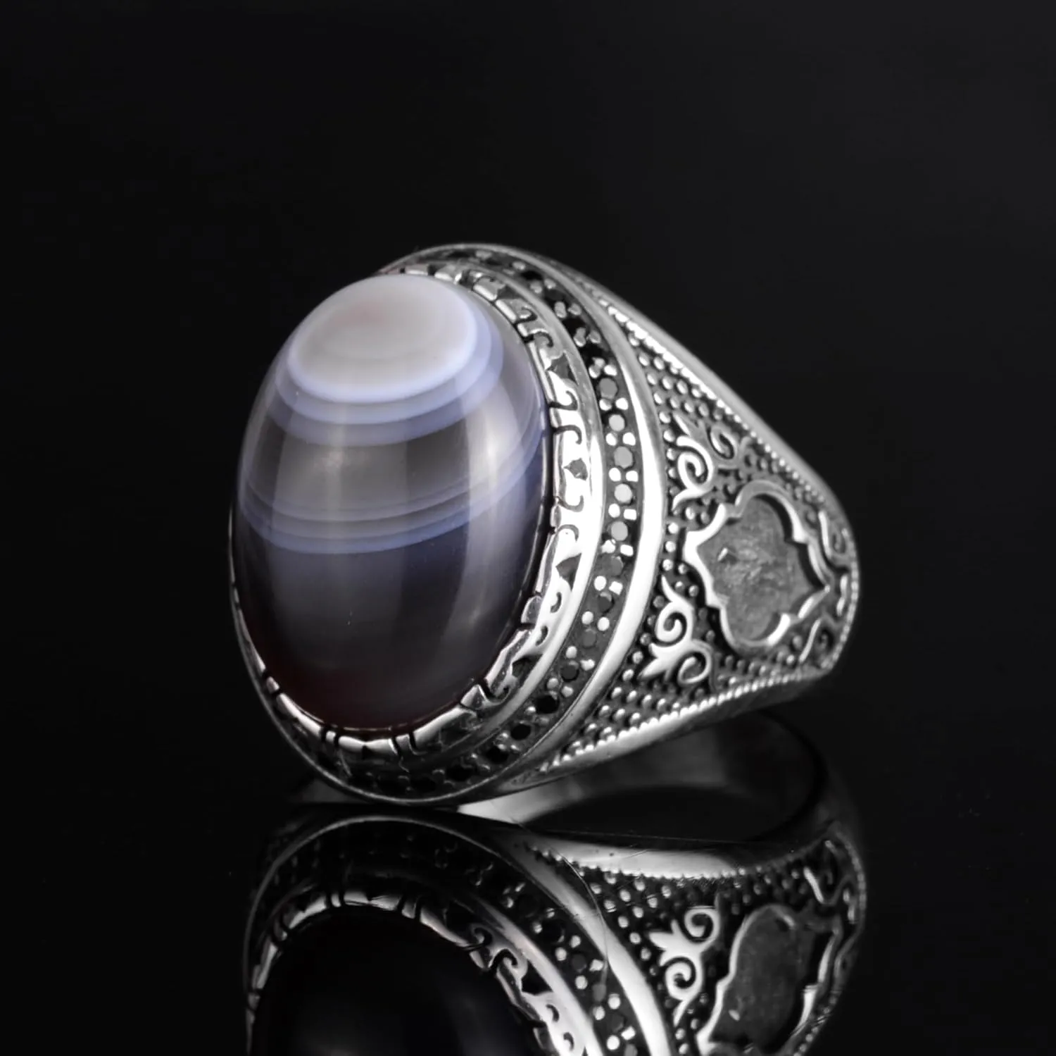 KAMBO Natural Agate Gemstone Men's Ring – 925 Sterling Silver Handmade Ottoman Star Motif Statement Ring – Islamic Heritage Jewelry
