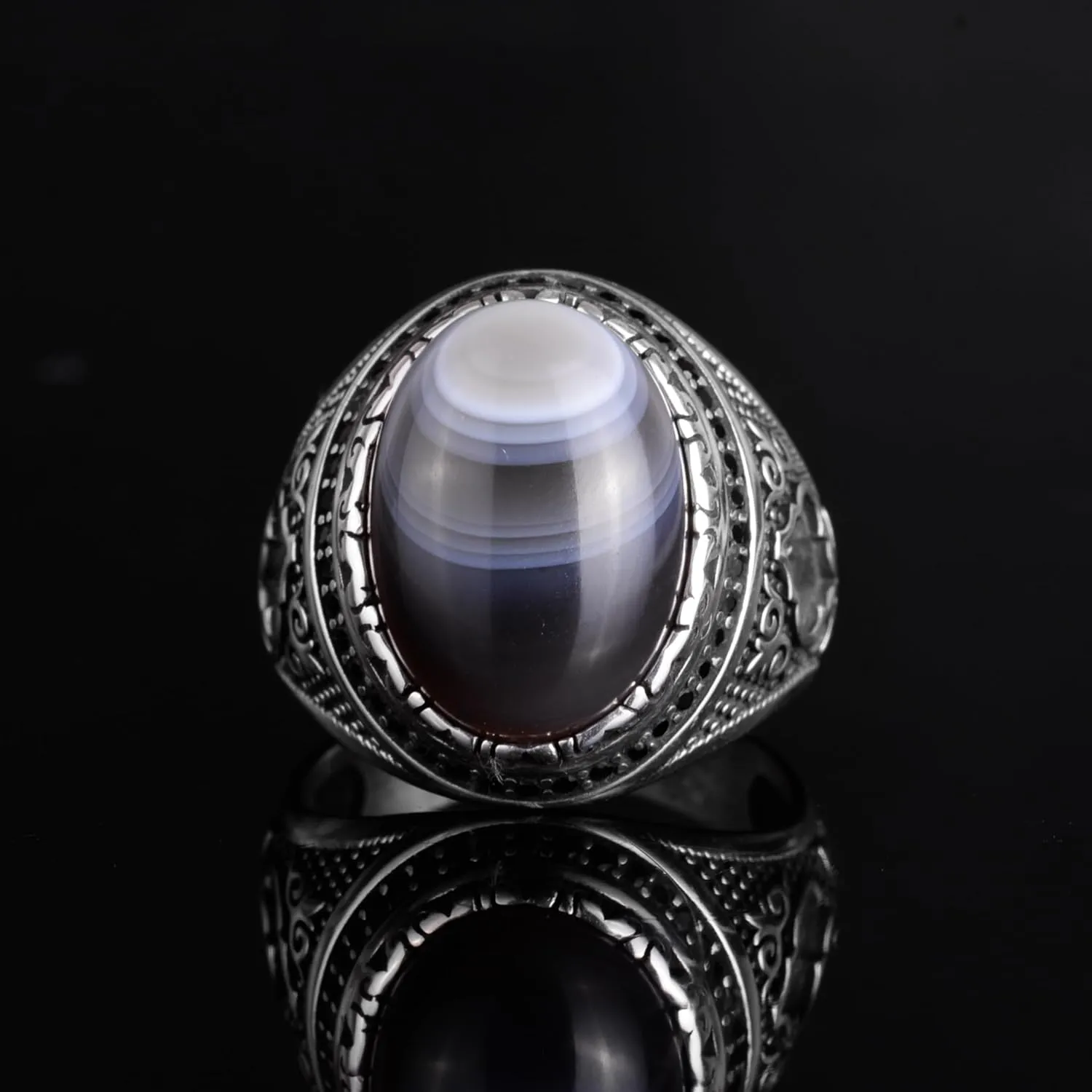 KAMBO Natural Agate Gemstone Men's Ring – 925 Sterling Silver Handmade Ottoman Star Motif Statement Ring – Islamic Heritage Jewelry