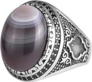 KAMBO Natural Agate Gemstone Men's Ring – 925 Sterling Silver Handmade Ottoman Star Motif Statement Ring – Islamic Heritage Jewelry