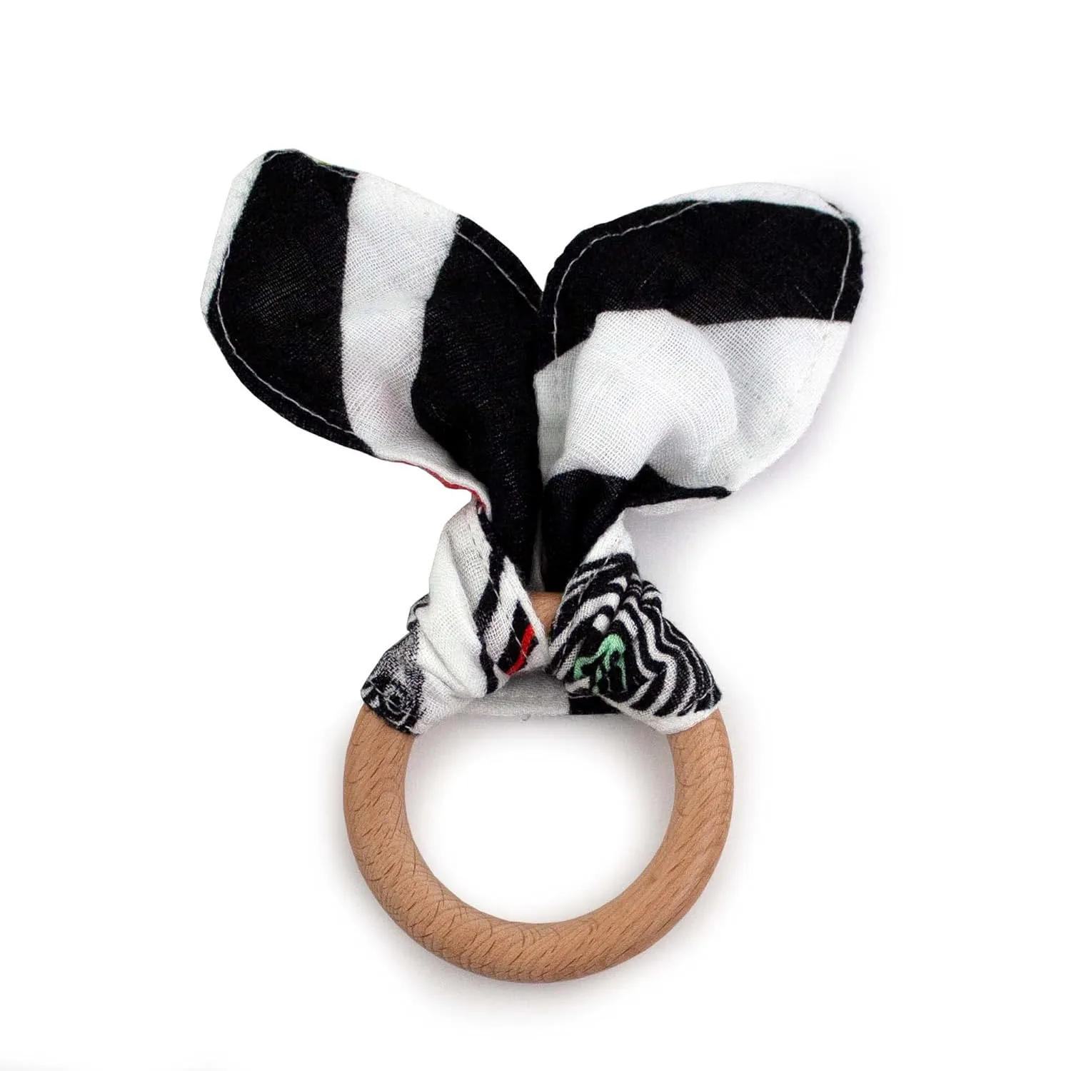 Kanga Care Baby Soft Muslin Sensory Crinkle Bunny Ear Wood Teething Ring - Mixtape Vintage