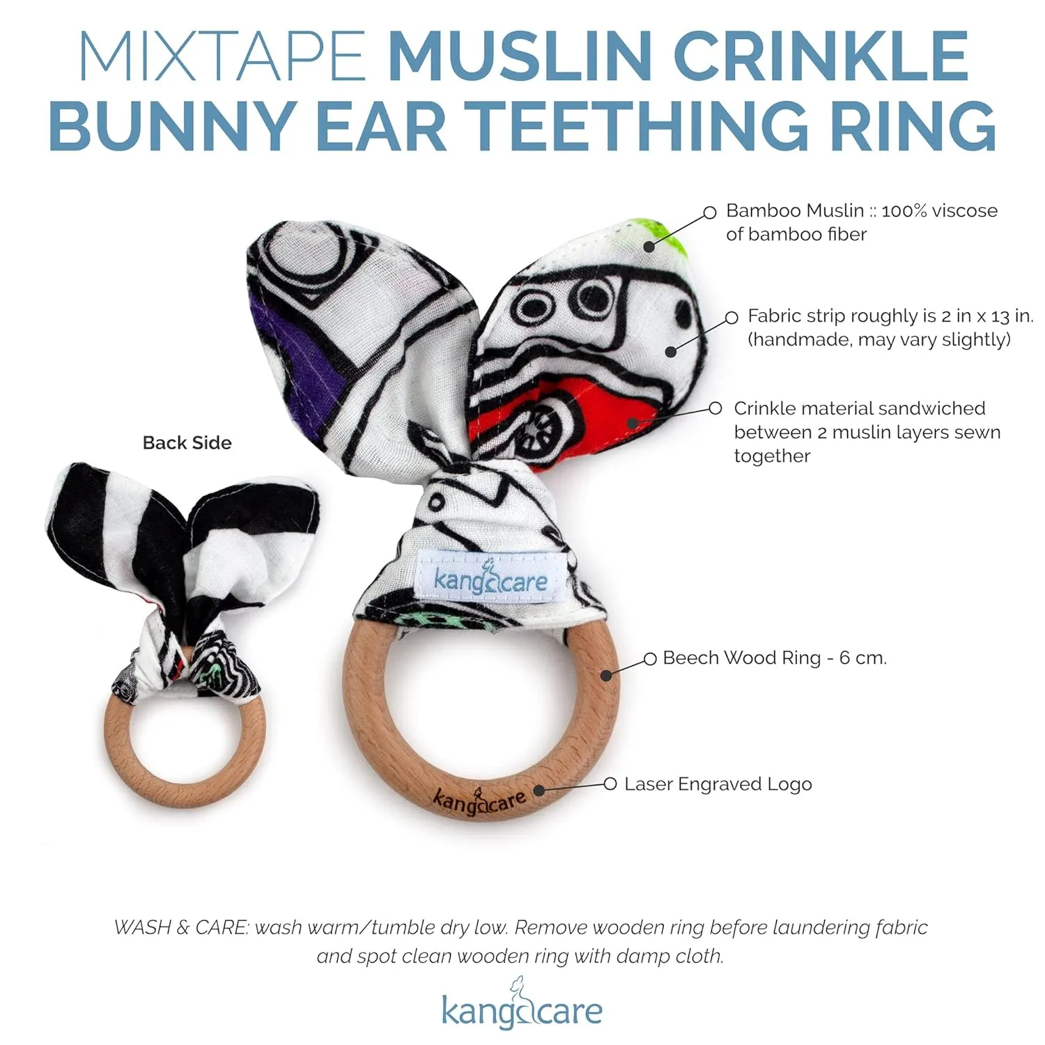Kanga Care Baby Soft Muslin Sensory Crinkle Bunny Ear Wood Teething Ring - Mixtape Vintage