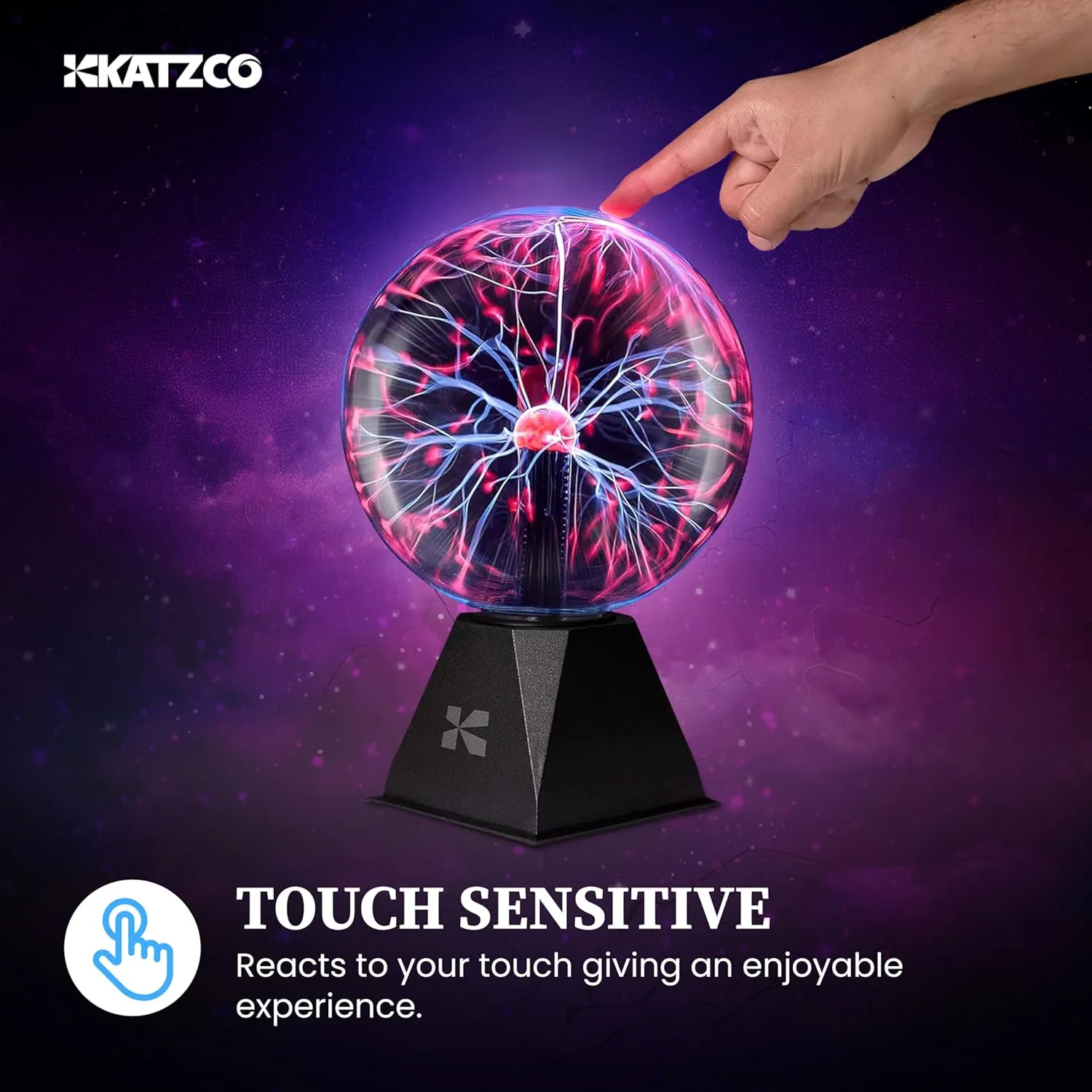 Katzco 7-Inch Plasma Ball with Lightning Charged Bulb - Nebula Sphere, Thunder Lightning, Plug-in - Touch and Sound Sensitive Plasma Globe, STEM Science Toy for Parties, Decorations or Props