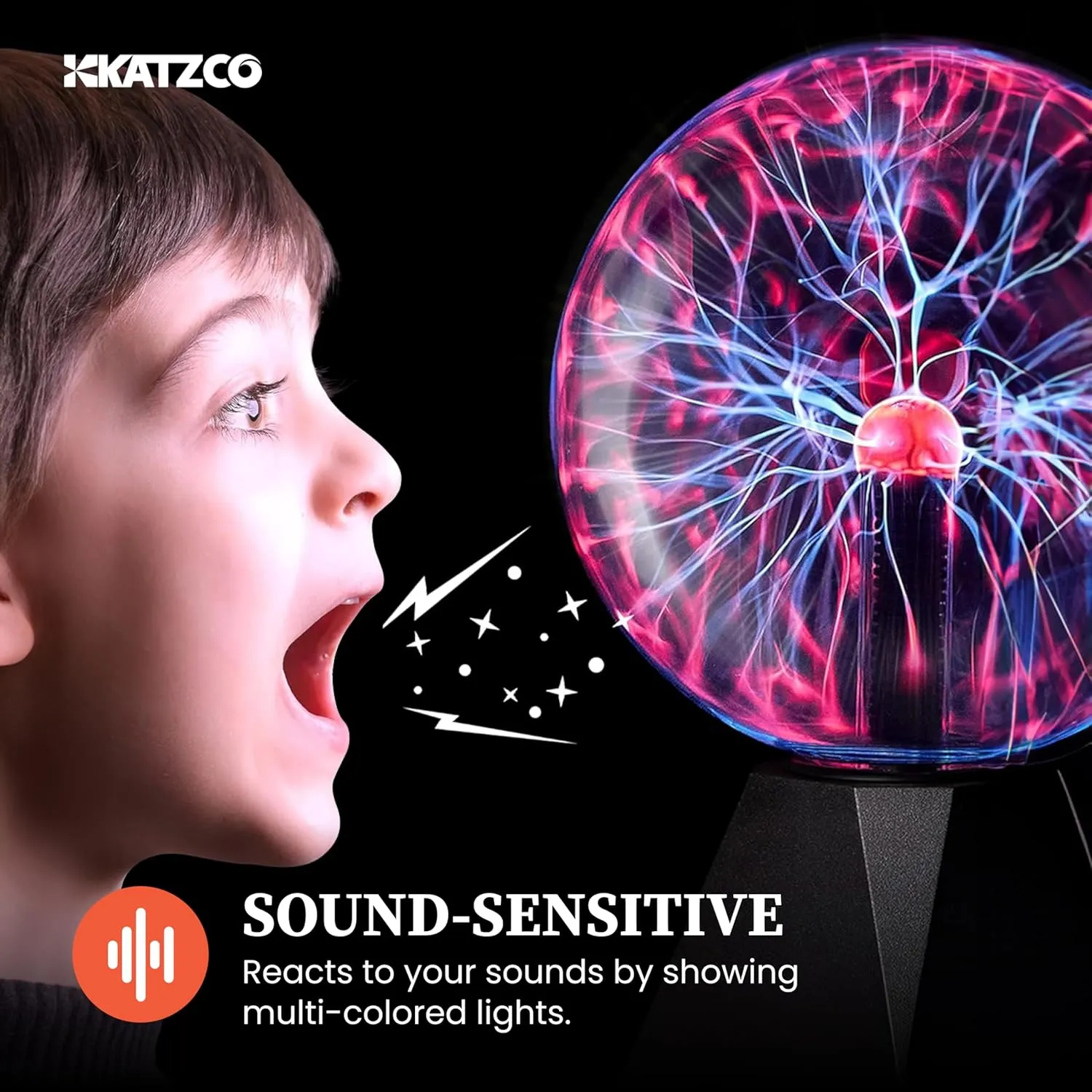 Katzco 7-Inch Plasma Ball with Lightning Charged Bulb - Nebula Sphere, Thunder Lightning, Plug-in - Touch and Sound Sensitive Plasma Globe, STEM Science Toy for Parties, Decorations or Props