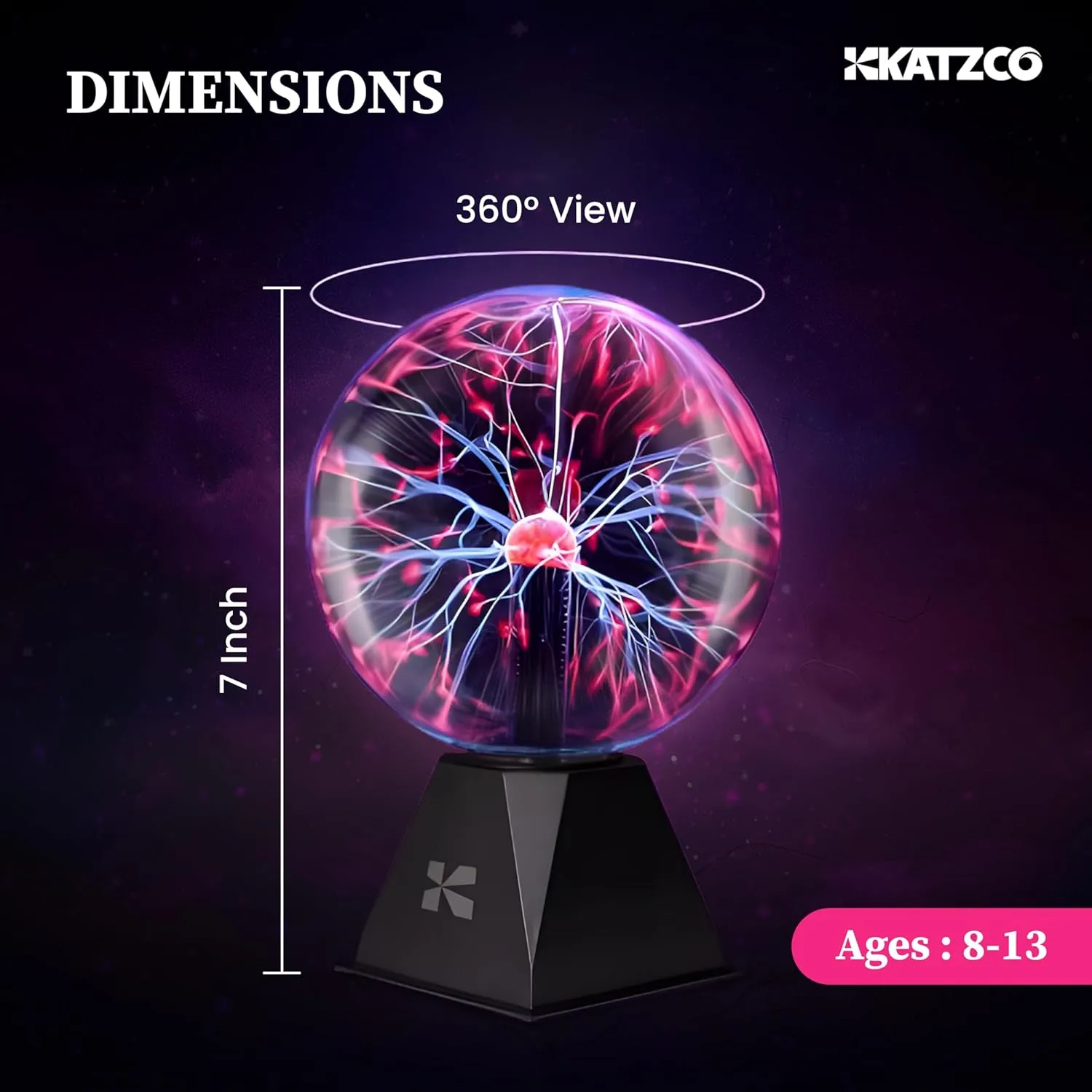 Katzco 7-Inch Plasma Ball with Lightning Charged Bulb - Nebula Sphere, Thunder Lightning, Plug-in - Touch and Sound Sensitive Plasma Globe, STEM Science Toy for Parties, Decorations or Props