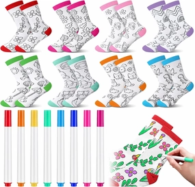 Kids Doodle Socks, Color Your Own Socks 8 Pairs and 8 Fabric Pen for Coloring, Kid Drawing DIY Crafts Art Gifts
