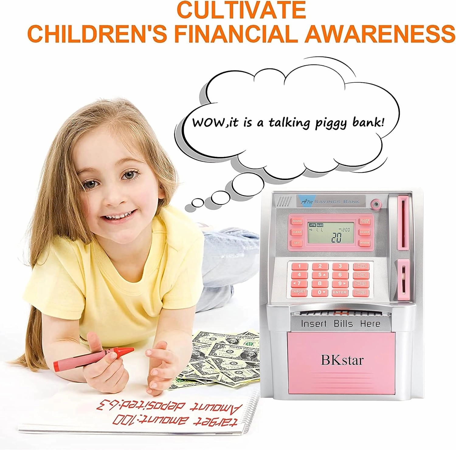 Kids Talking Pink ATM Piggy Bank with Debit Cards, Power-Off Memory, Auto-Opening Drawer for Real Money for Girls, Onekey Shutdown, Bill Feeder, Coin Recognition, Balance Calculator Machine