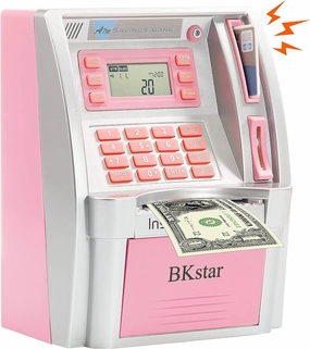 Kids Talking Pink ATM Piggy Bank with Debit Cards, Power-Off Memory, Auto-Opening Drawer for Real Money for Girls, Onekey Shutdown, Bill Feeder, Coin Recognition, Balance Calculator Machine