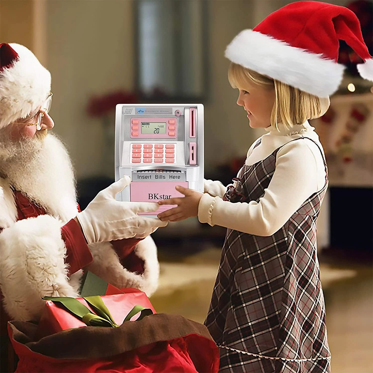 Kids Talking Pink ATM Piggy Bank with Debit Cards, Power-Off Memory, Auto-Opening Drawer for Real Money for Girls, Onekey Shutdown, Bill Feeder, Coin Recognition, Balance Calculator Machine