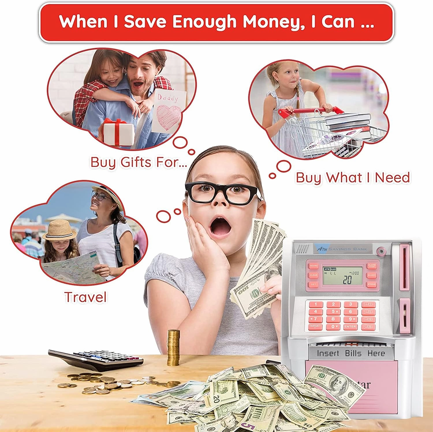Kids Talking Pink ATM Piggy Bank with Debit Cards, Power-Off Memory, Auto-Opening Drawer for Real Money for Girls, Onekey Shutdown, Bill Feeder, Coin Recognition, Balance Calculator Machine