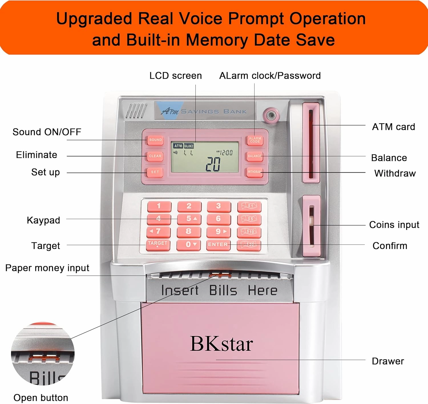 Kids Talking Pink ATM Piggy Bank with Debit Cards, Power-Off Memory, Auto-Opening Drawer for Real Money for Girls, Onekey Shutdown, Bill Feeder, Coin Recognition, Balance Calculator Machine