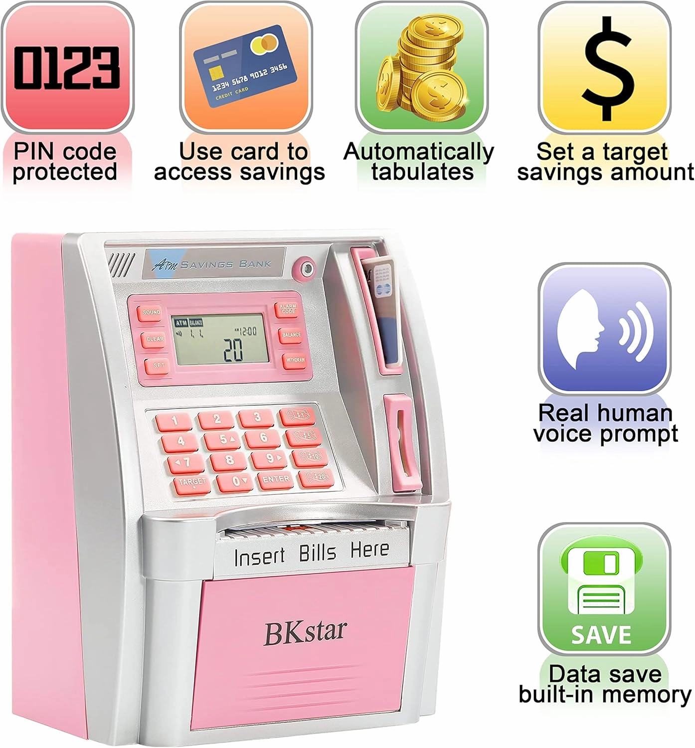Kids Talking Pink ATM Piggy Bank with Debit Cards, Power-Off Memory, Auto-Opening Drawer for Real Money for Girls, Onekey Shutdown, Bill Feeder, Coin Recognition, Balance Calculator Machine