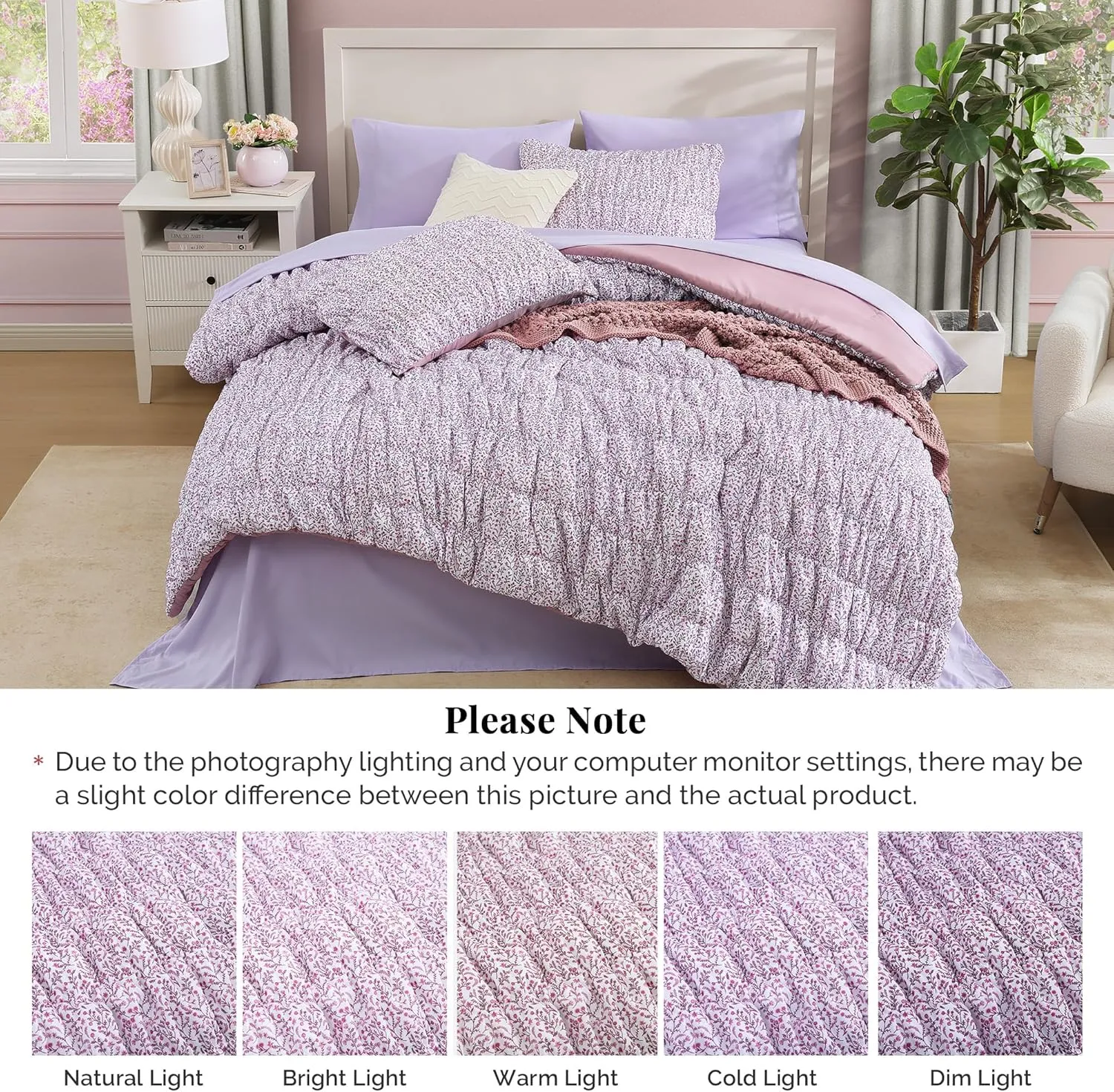King Comforter Set - 7 Pieces Light Purple Puff Floral Bedding Sets for All Seasons, Shabby Chic Farmhouse Bed in a Bag King with Wildflowers Fluffy Comforter, Sheets, Pillowcases & Shams