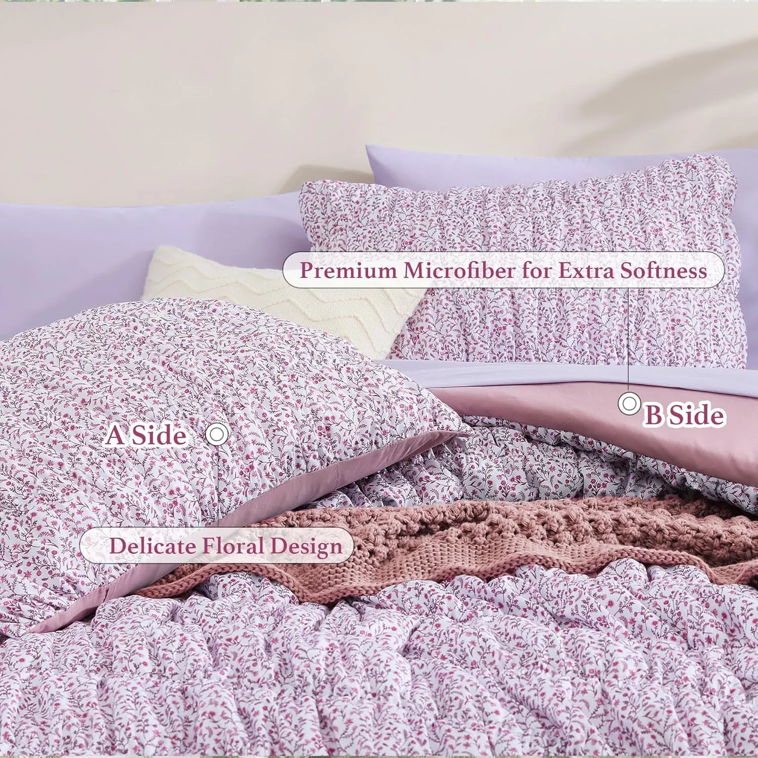 King Comforter Set - 7 Pieces Light Purple Puff Floral Bedding Sets for All Seasons, Shabby Chic Farmhouse Bed in a Bag King with Wildflowers Fluffy Comforter, Sheets, Pillowcases & Shams