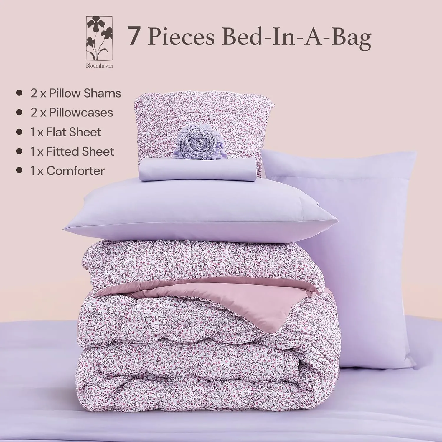 King Comforter Set - 7 Pieces Light Purple Puff Floral Bedding Sets for All Seasons, Shabby Chic Farmhouse Bed in a Bag King with Wildflowers Fluffy Comforter, Sheets, Pillowcases & Shams