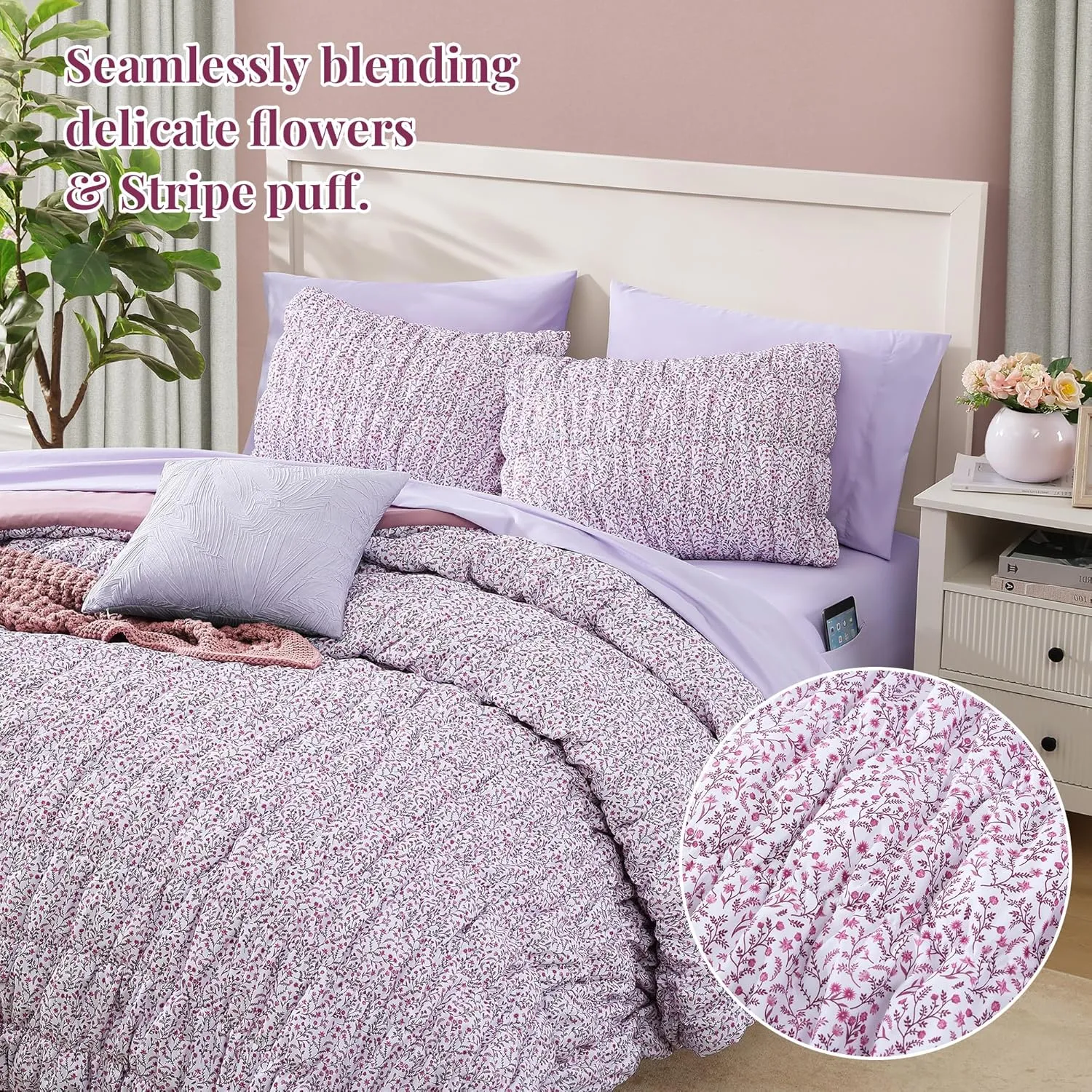 King Comforter Set - 7 Pieces Light Purple Puff Floral Bedding Sets for All Seasons, Shabby Chic Farmhouse Bed in a Bag King with Wildflowers Fluffy Comforter, Sheets, Pillowcases & Shams