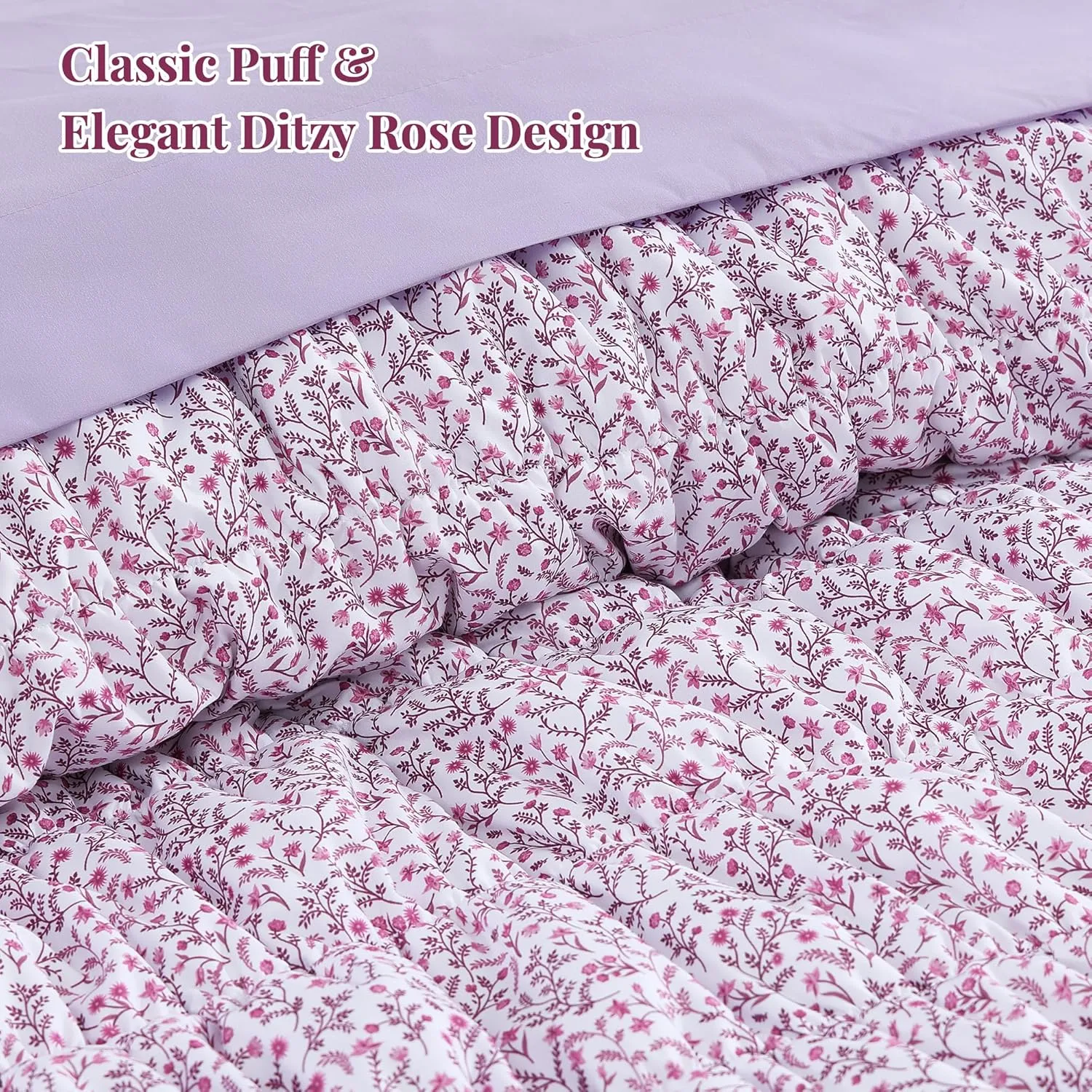 King Comforter Set - 7 Pieces Light Purple Puff Floral Bedding Sets for All Seasons, Shabby Chic Farmhouse Bed in a Bag King with Wildflowers Fluffy Comforter, Sheets, Pillowcases & Shams