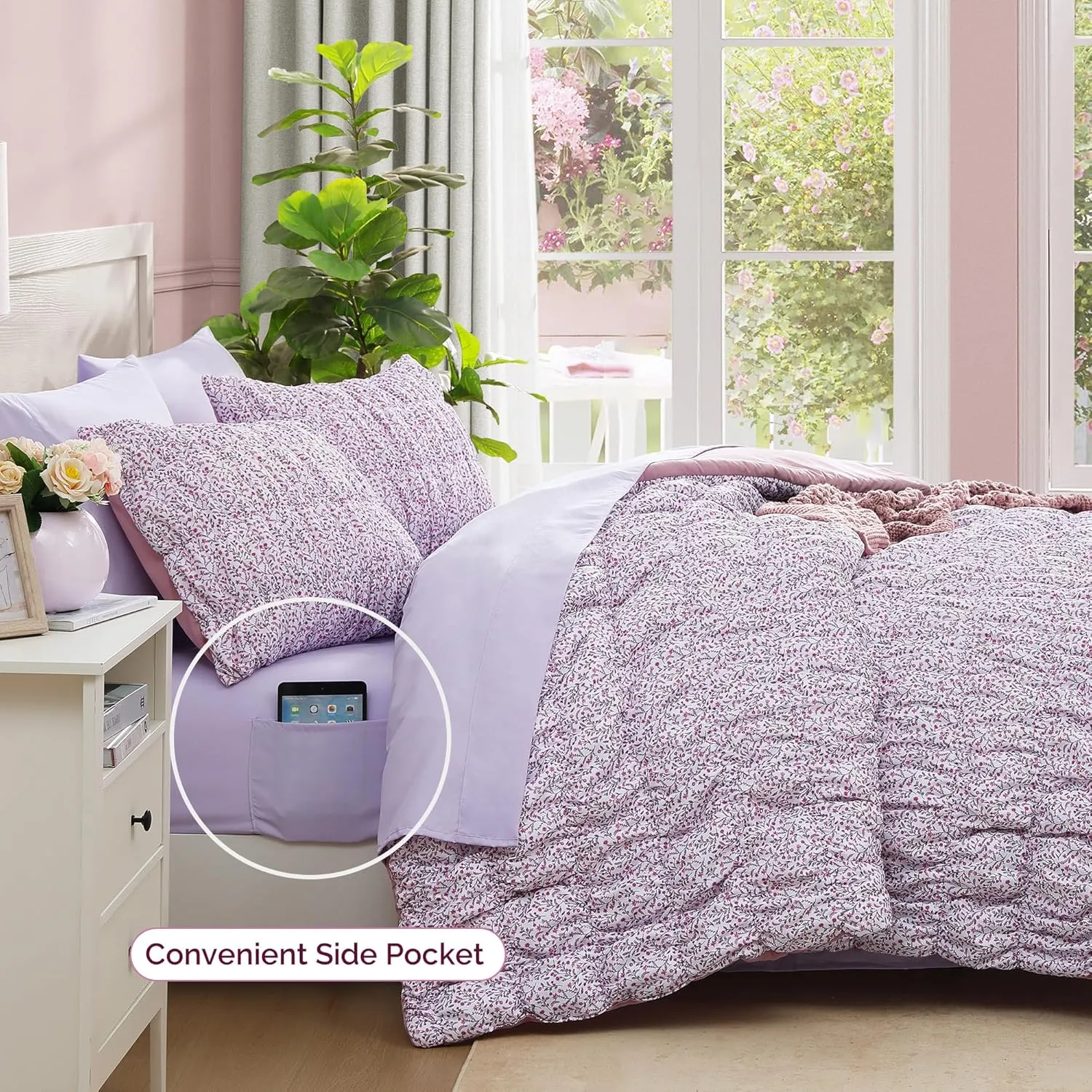 King Comforter Set - 7 Pieces Light Purple Puff Floral Bedding Sets for All Seasons, Shabby Chic Farmhouse Bed in a Bag King with Wildflowers Fluffy Comforter, Sheets, Pillowcases & Shams