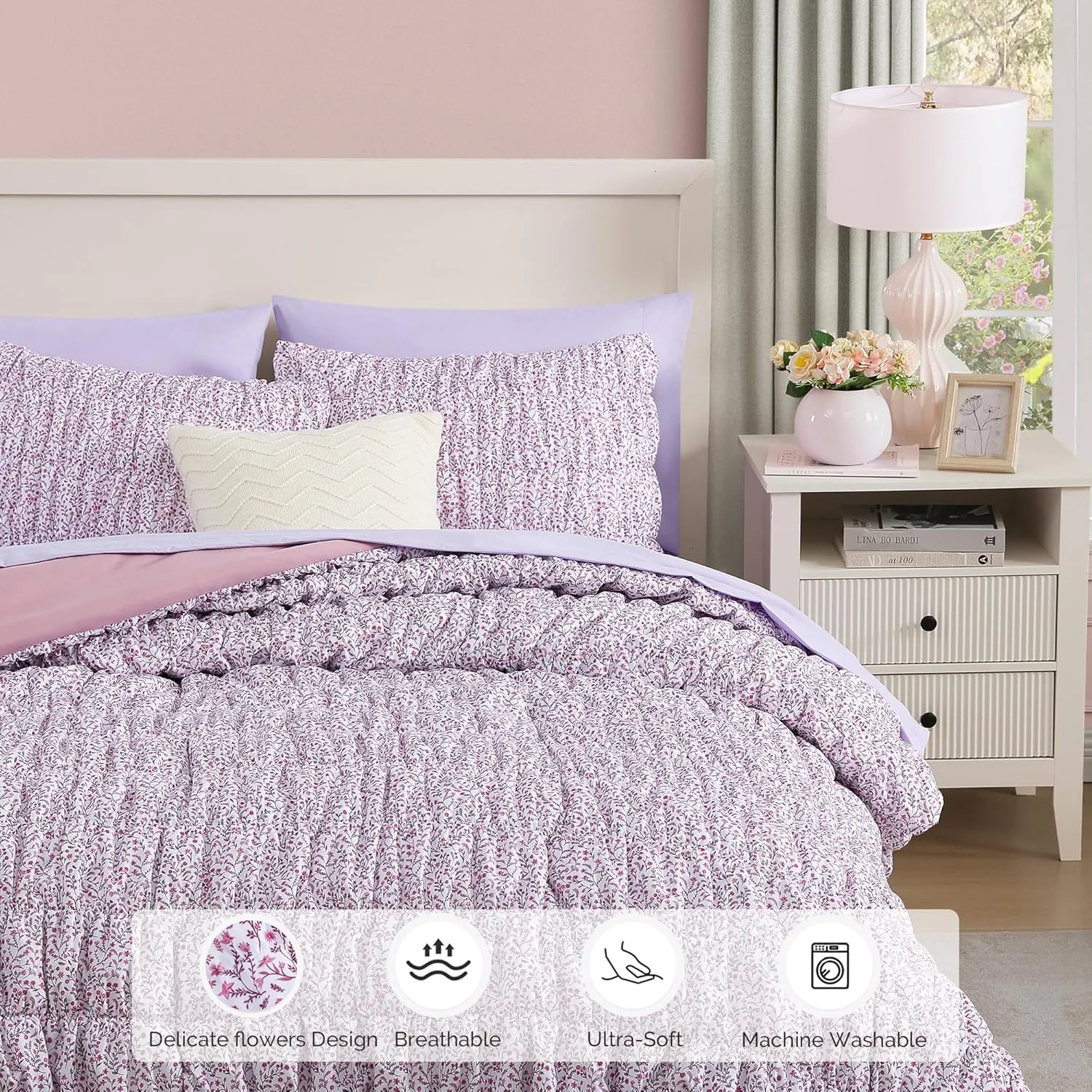 King Comforter Set - 7 Pieces Light Purple Puff Floral Bedding Sets for All Seasons, Shabby Chic Farmhouse Bed in a Bag King with Wildflowers Fluffy Comforter, Sheets, Pillowcases & Shams