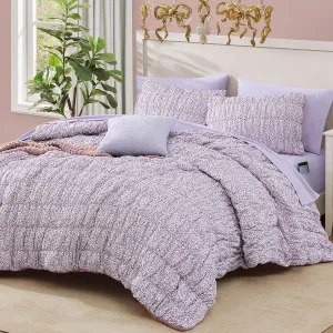 King Comforter Set - 7 Pieces Light Purple Puff Floral Bedding Sets for All Seasons, Shabby Chic Farmhouse Bed in a Bag King with Wildflowers Fluffy Comforter, Sheets, Pillowcases & Shams