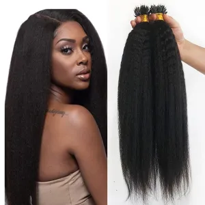 Kinky Straight Nano Ring Human Hair Extension Micro Link Brazilian Remy Nano Tip Hair Coarse Italian Yaki For Black Women 100g 100strands (24inch 100strands, 4(Dark Brown))