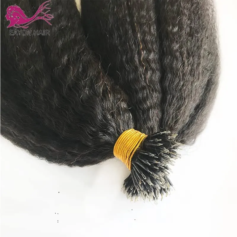 Kinky Straight Nano Ring Human Hair Extension Micro Link Brazilian Remy Nano Tip Hair Coarse Italian Yaki For Black Women 100g 100strands (24inch 100strands, 4(Dark Brown))