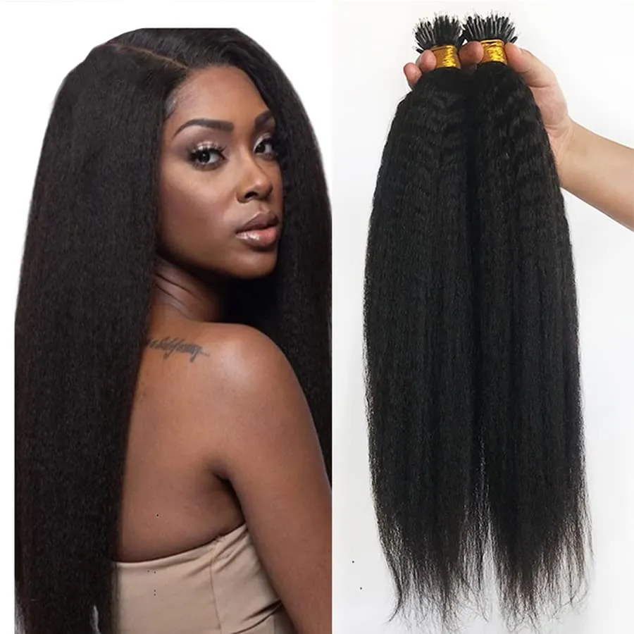 Kinky Straight Nano Ring Human Hair Extension Micro Link Brazilian Remy Nano Tip Hair Coarse Italian Yaki For Black Women 100g 100strands (24inch 100strands, 4(Dark Brown))