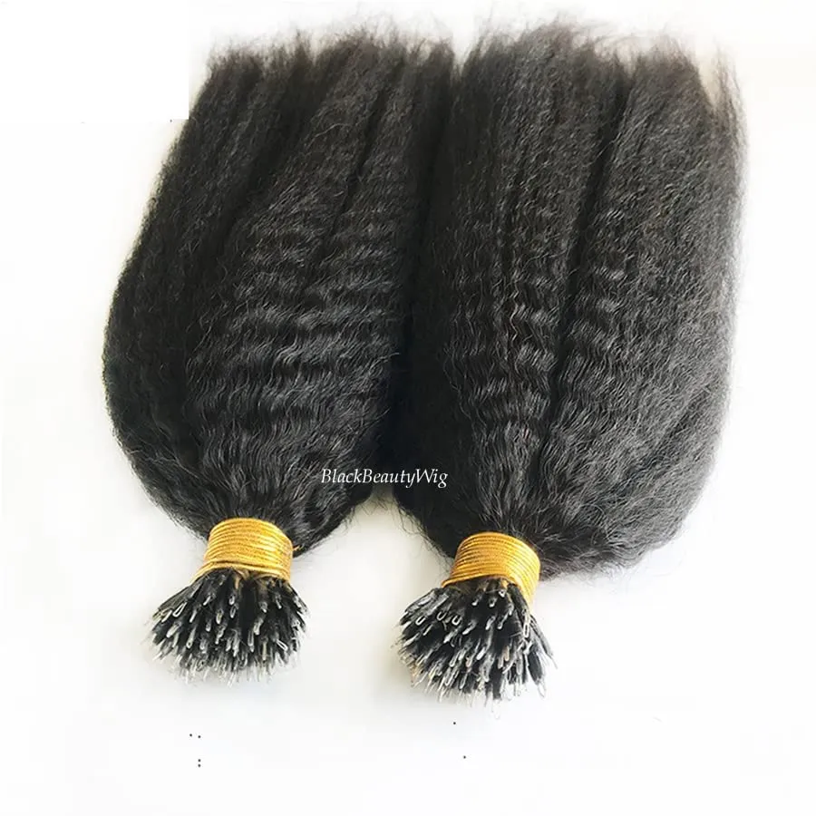 Kinky Straight Nano Ring Human Hair Extension Micro Link Brazilian Remy Nano Tip Hair Coarse Italian Yaki For Black Women 100g 100strands (24inch 100strands, 4(Dark Brown))